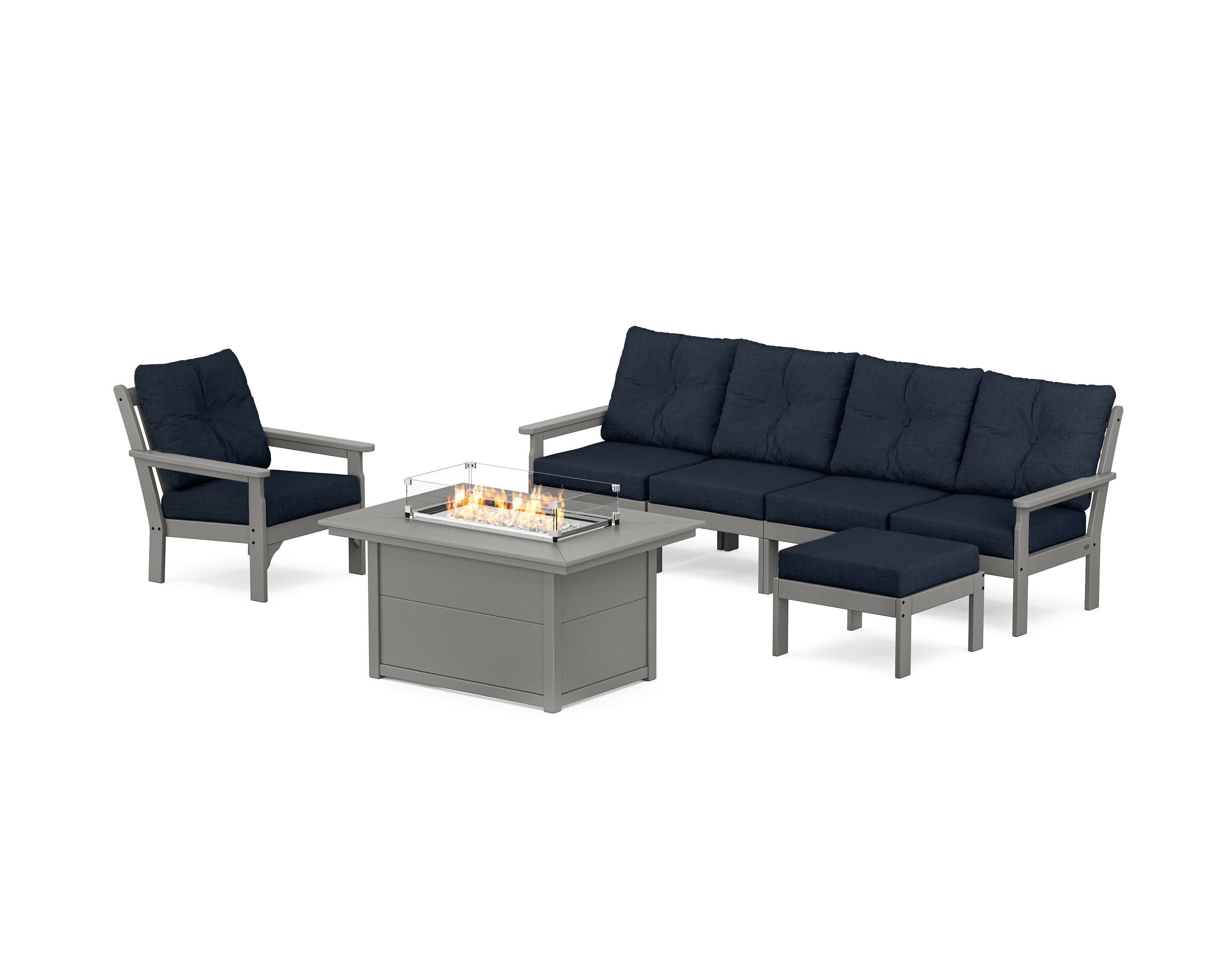 Vineyard Sectional Lounge and Fire Pit Set in Slate Grey / Marine Indigo