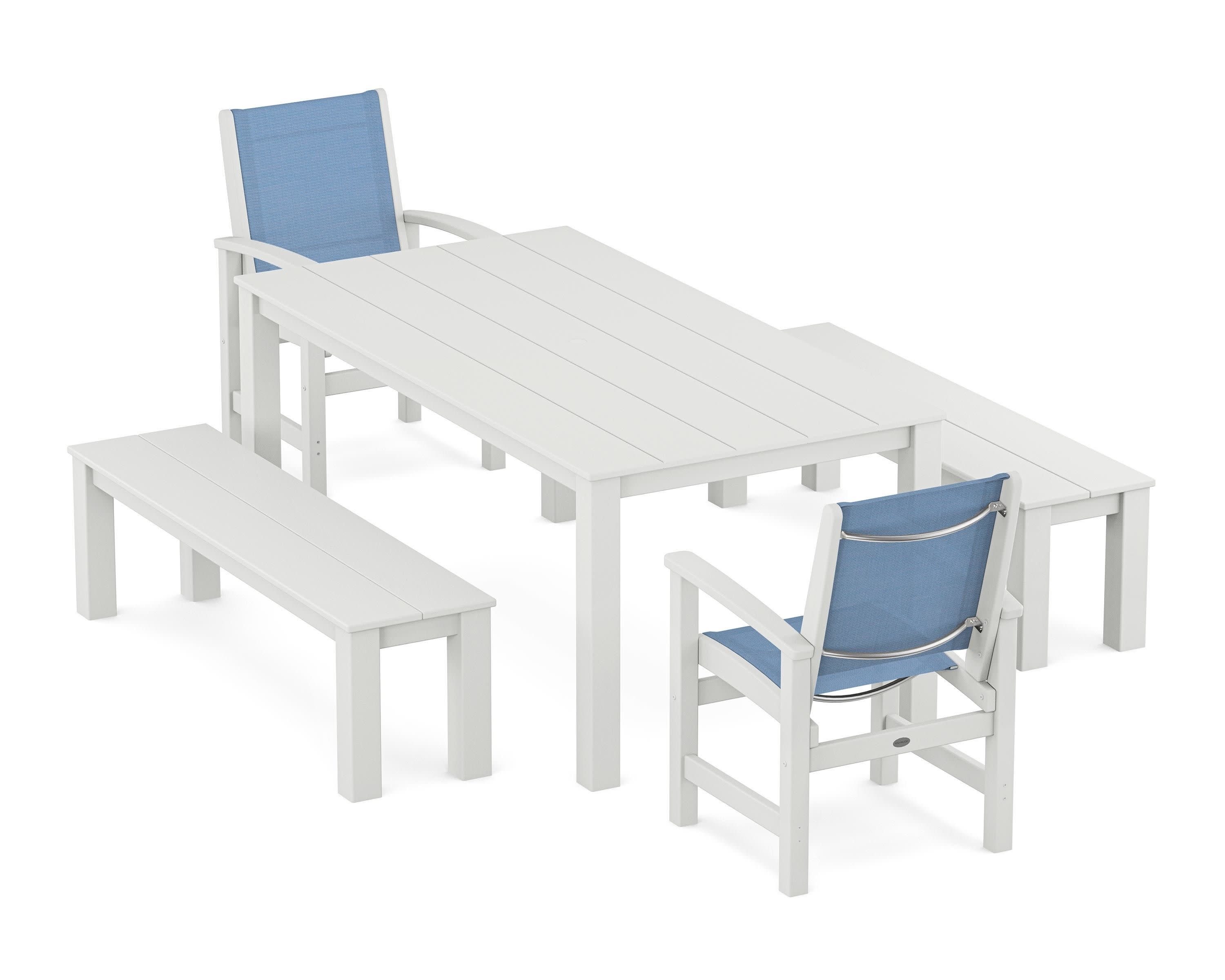 Coastal 5-Piece Parsons Dining Set with Benches in White / Poolside Sling