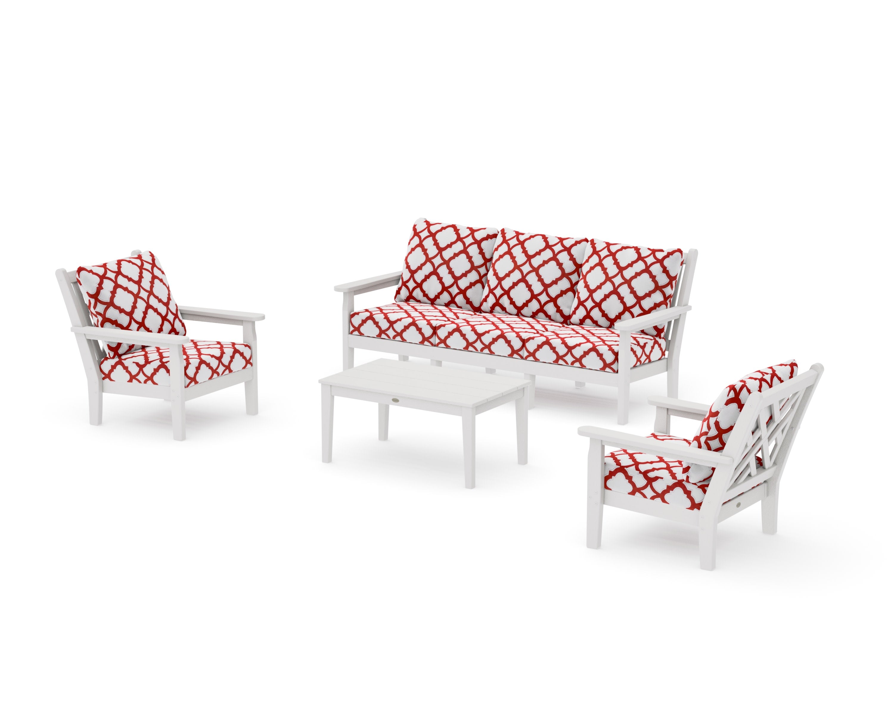 Chippendale 4-Piece Deep Seating Set with Sofa in Vintage White / Trellis Crimson