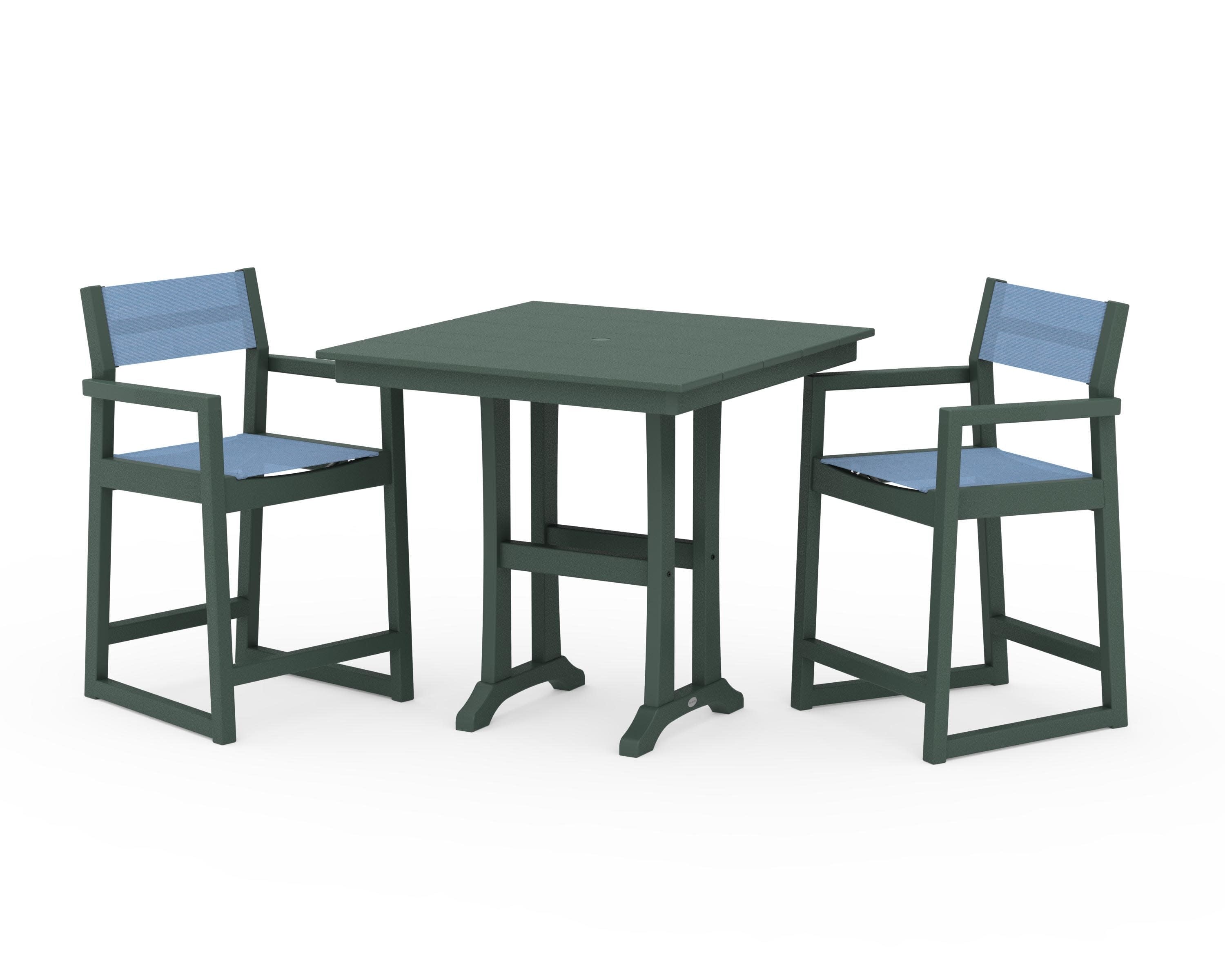 EDGE Sling Arm Chair 3-Piece Farmhouse Counter Set with Trestle Legs in Green / Poolside Sling