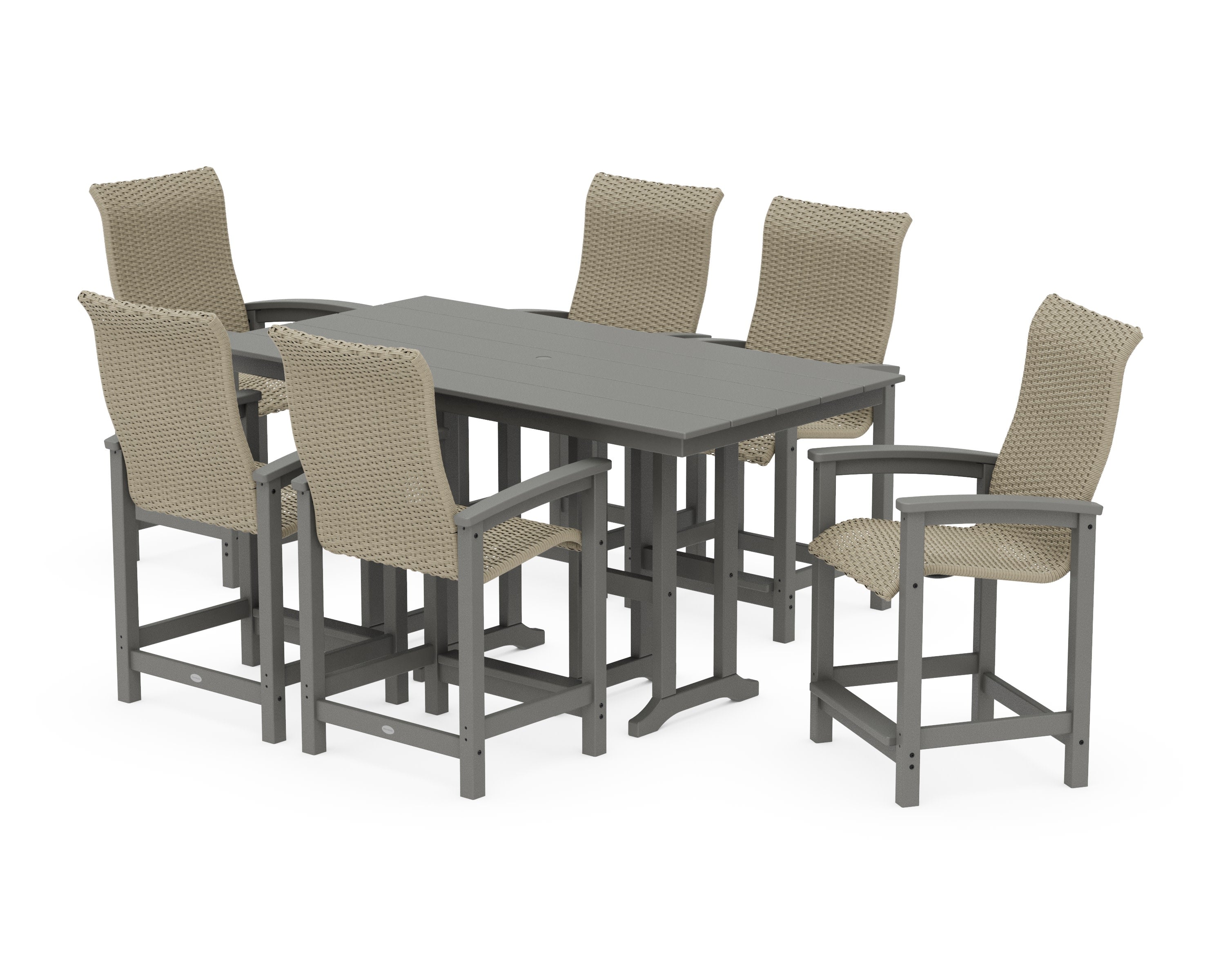 Coastal Woven High-Back Arm Chair 7-Piece Farmhouse Counter Set in Slate Grey / Dune Grass