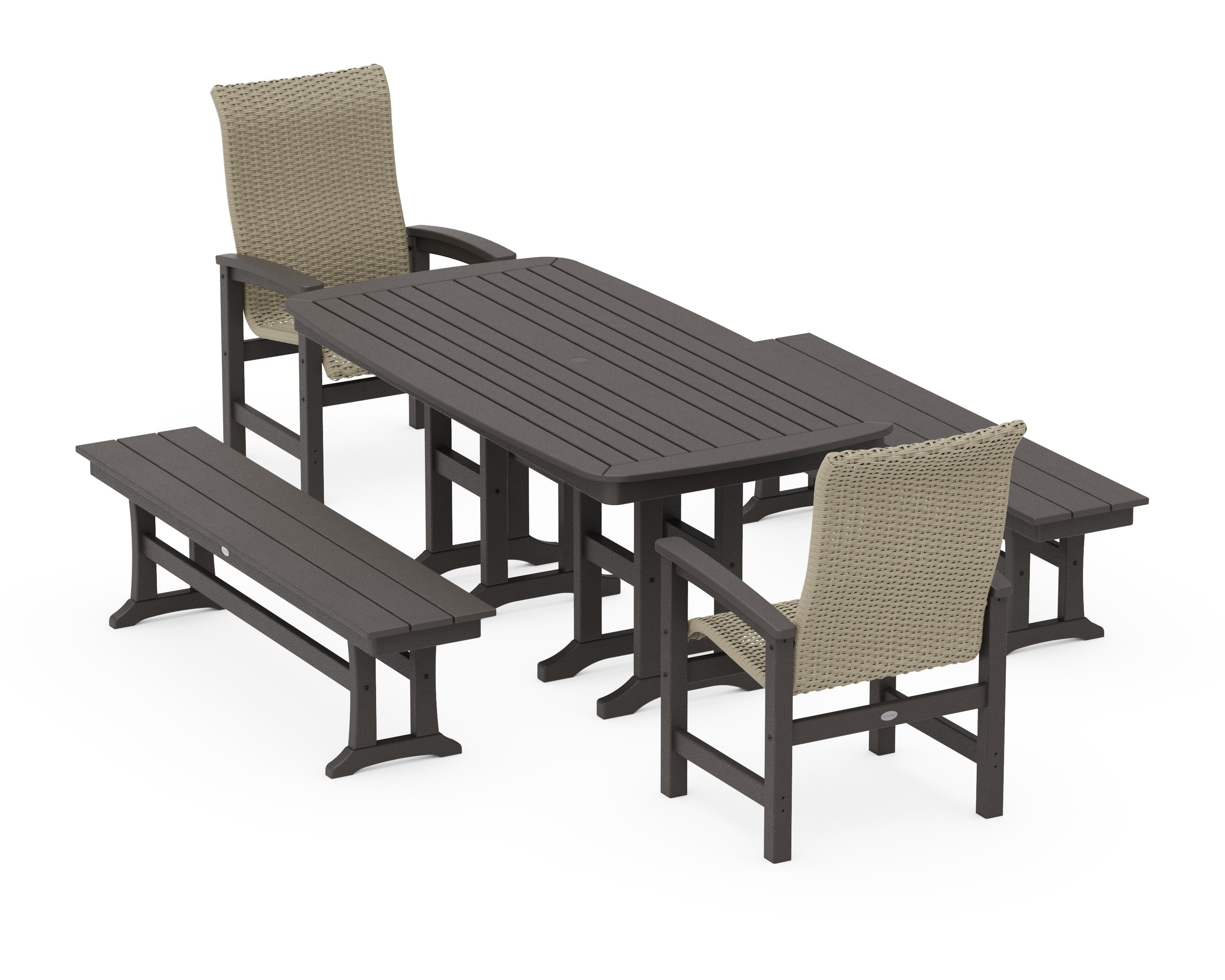 Coastal Woven High-Back 5-Piece Dining Set with Benches in Vintage Coffee / Dune Grass