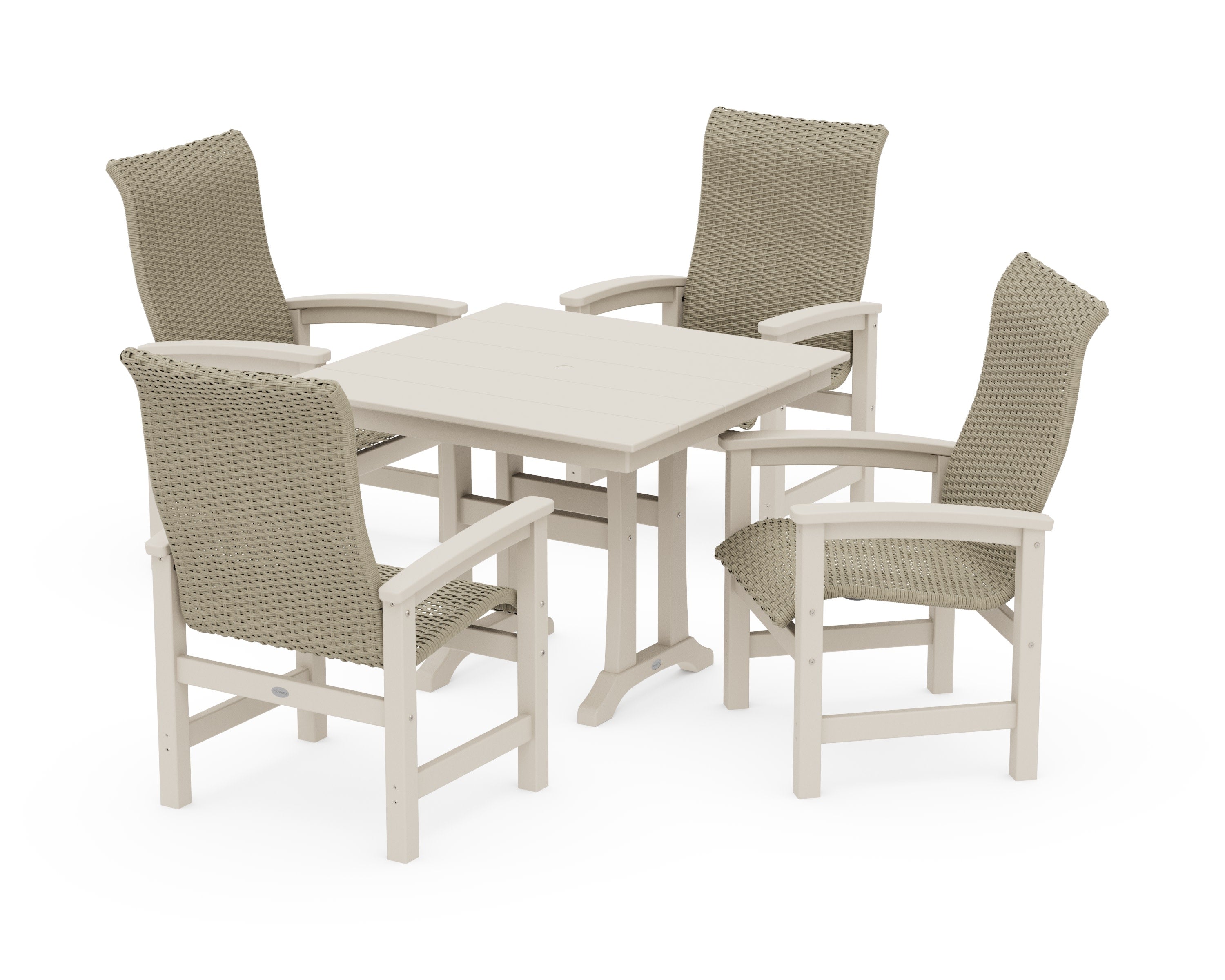 Coastal Woven High-Back 5-Piece Farmhouse Dining Set with Trestle Legs in Sand / Dune Grass