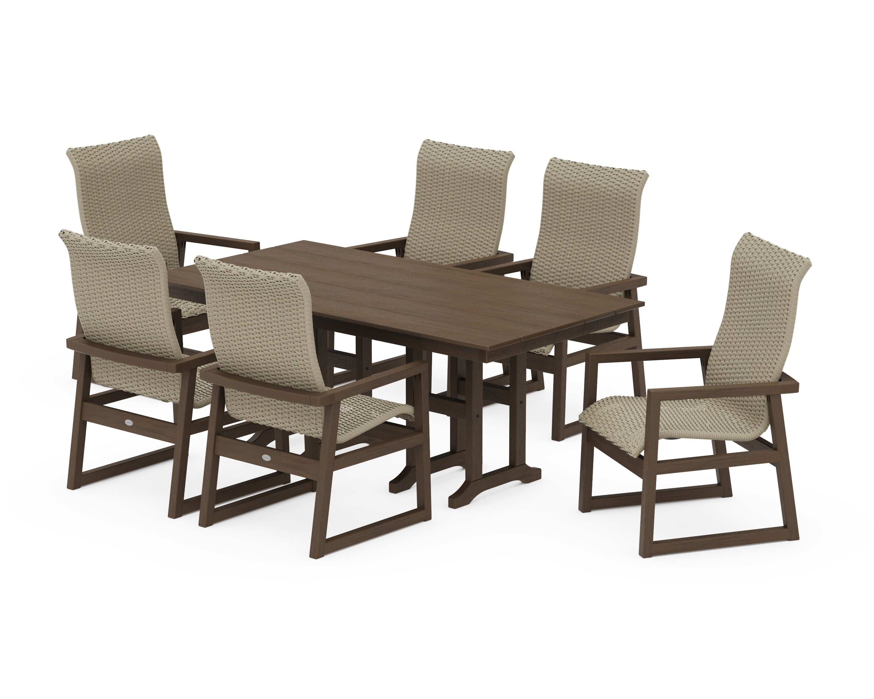EDGE Woven Highback Arm Chair 7-Piece Farmhouse Dining Set in Kona / Dune Grass