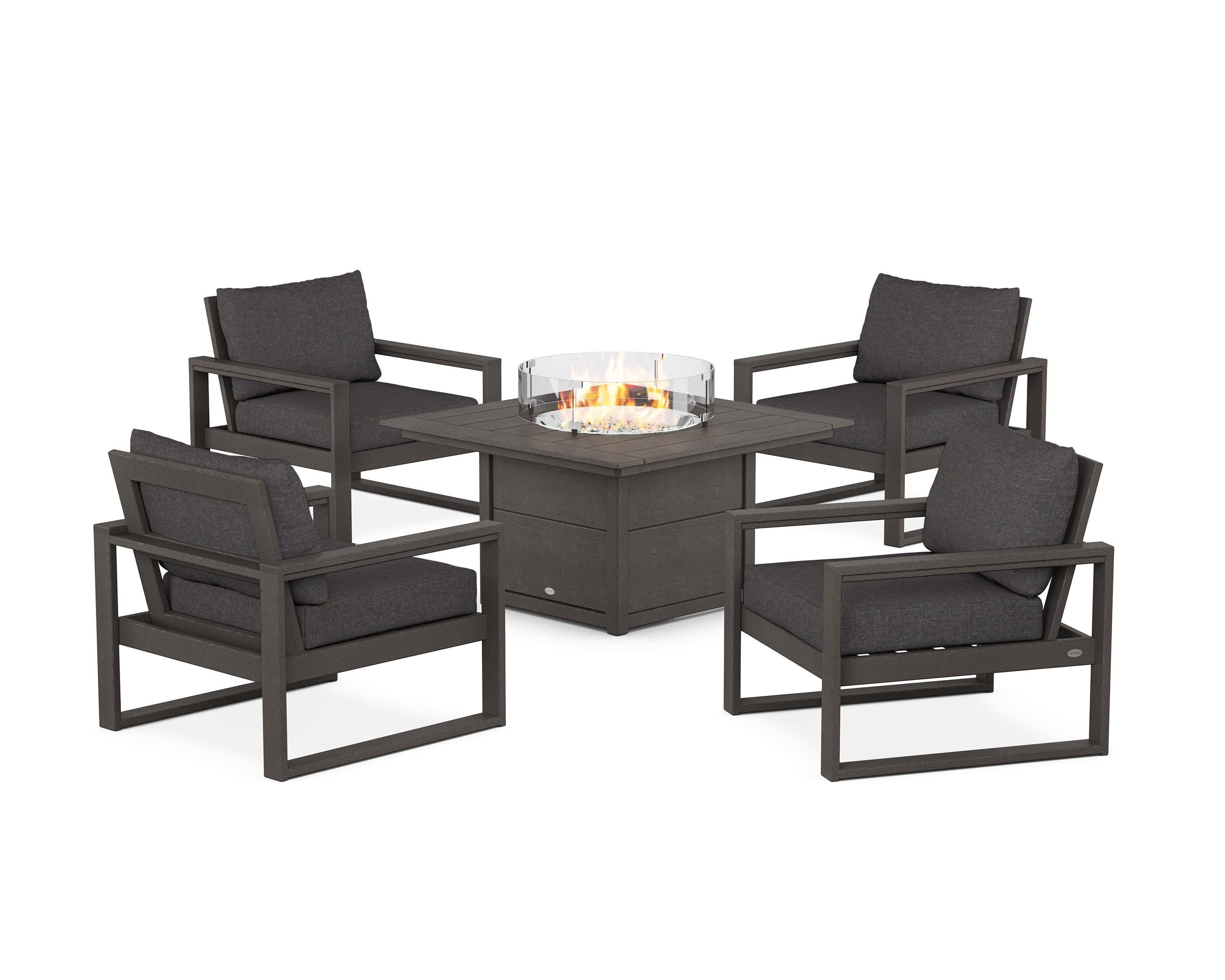 EDGE Sectional 5-Piece Deep Seating Set with Fire Pit Table in Vintage Coffee / Ash Charcoal