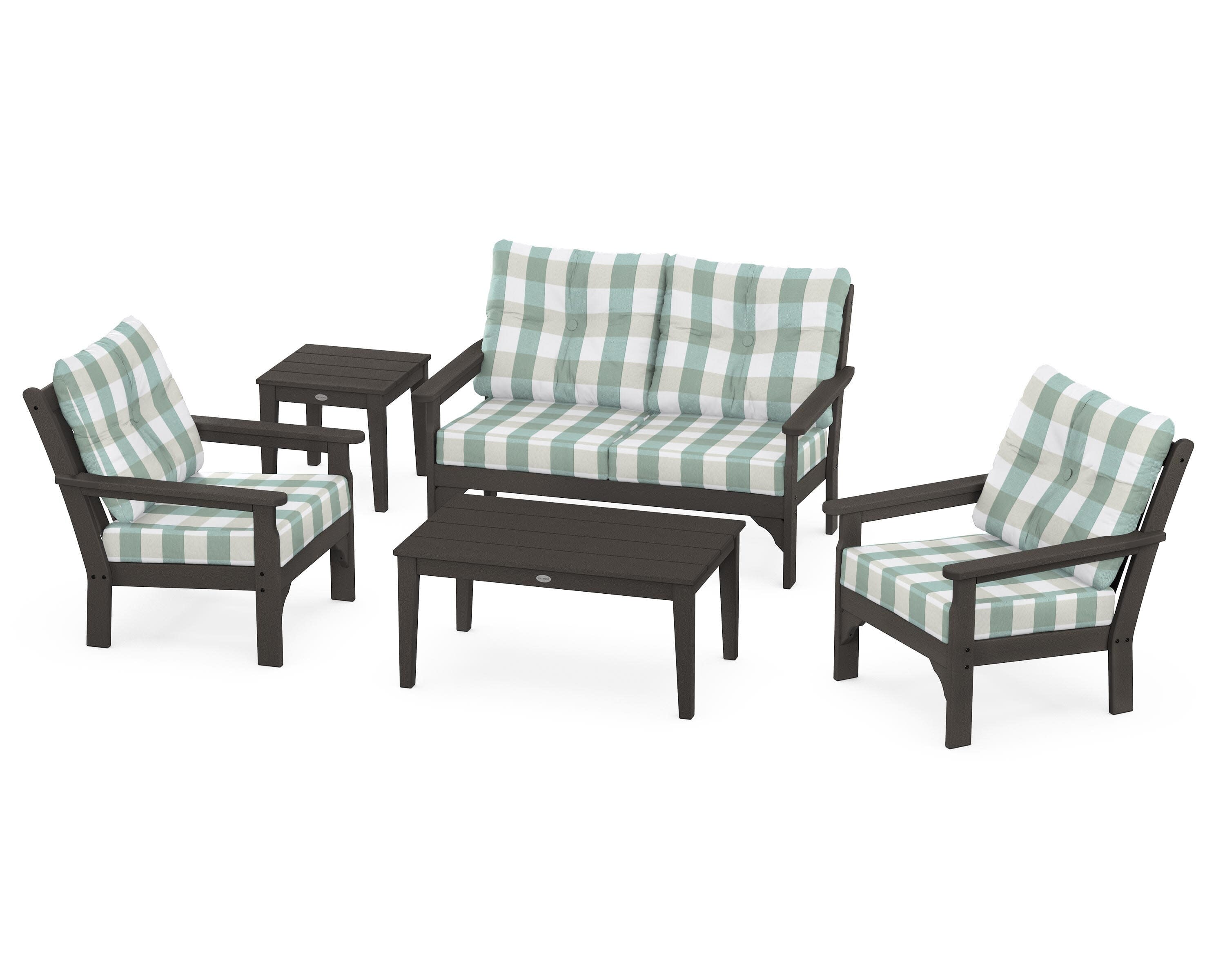 Vineyard 5-Piece Deep Seating Set in Vintage Coffee / Buffalo Plaid Glacier Spa