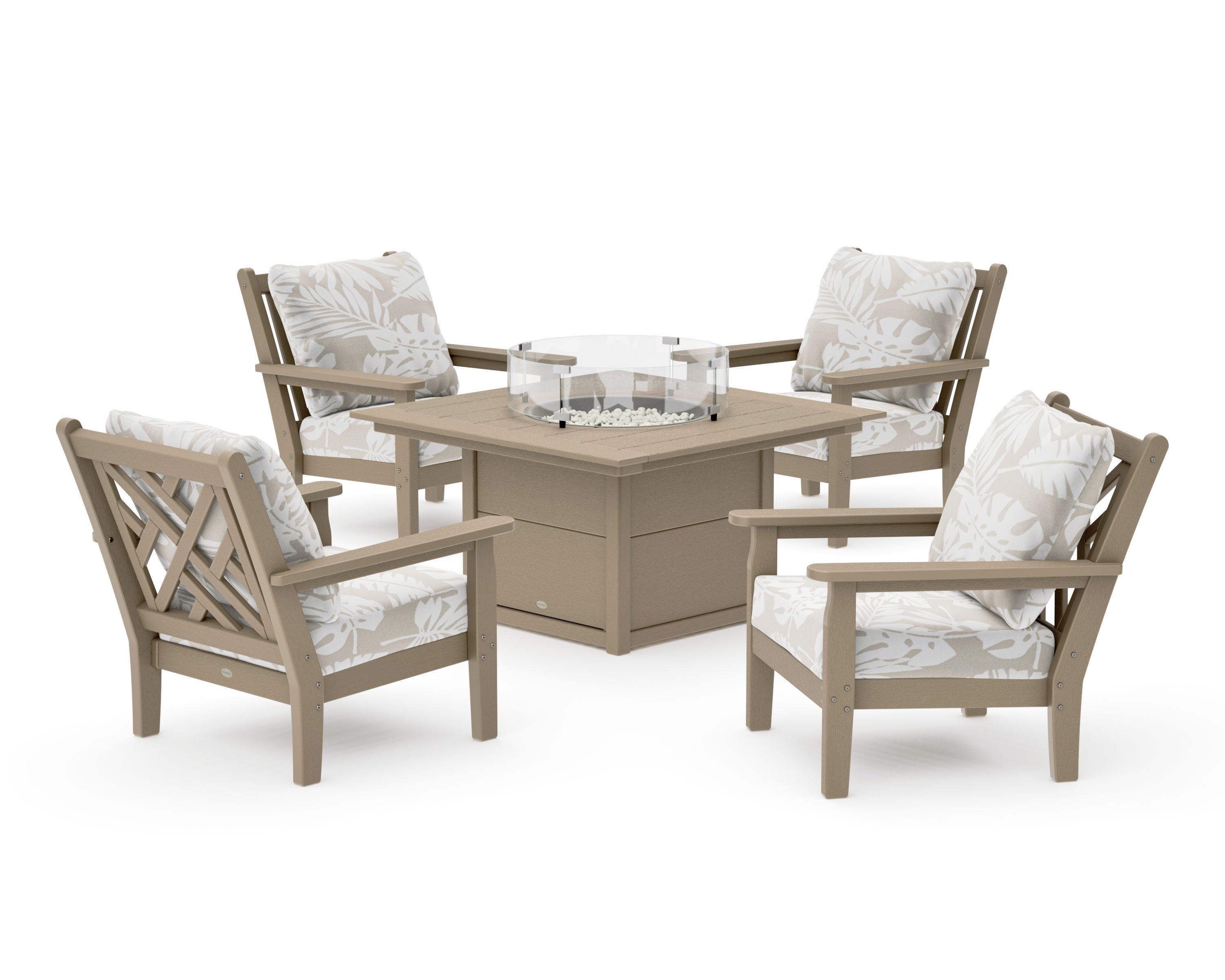 Chippendale 5-Piece Deep Seating Set with Fire Pit Table in Vintage Sahara / Leaf Dune Burlap