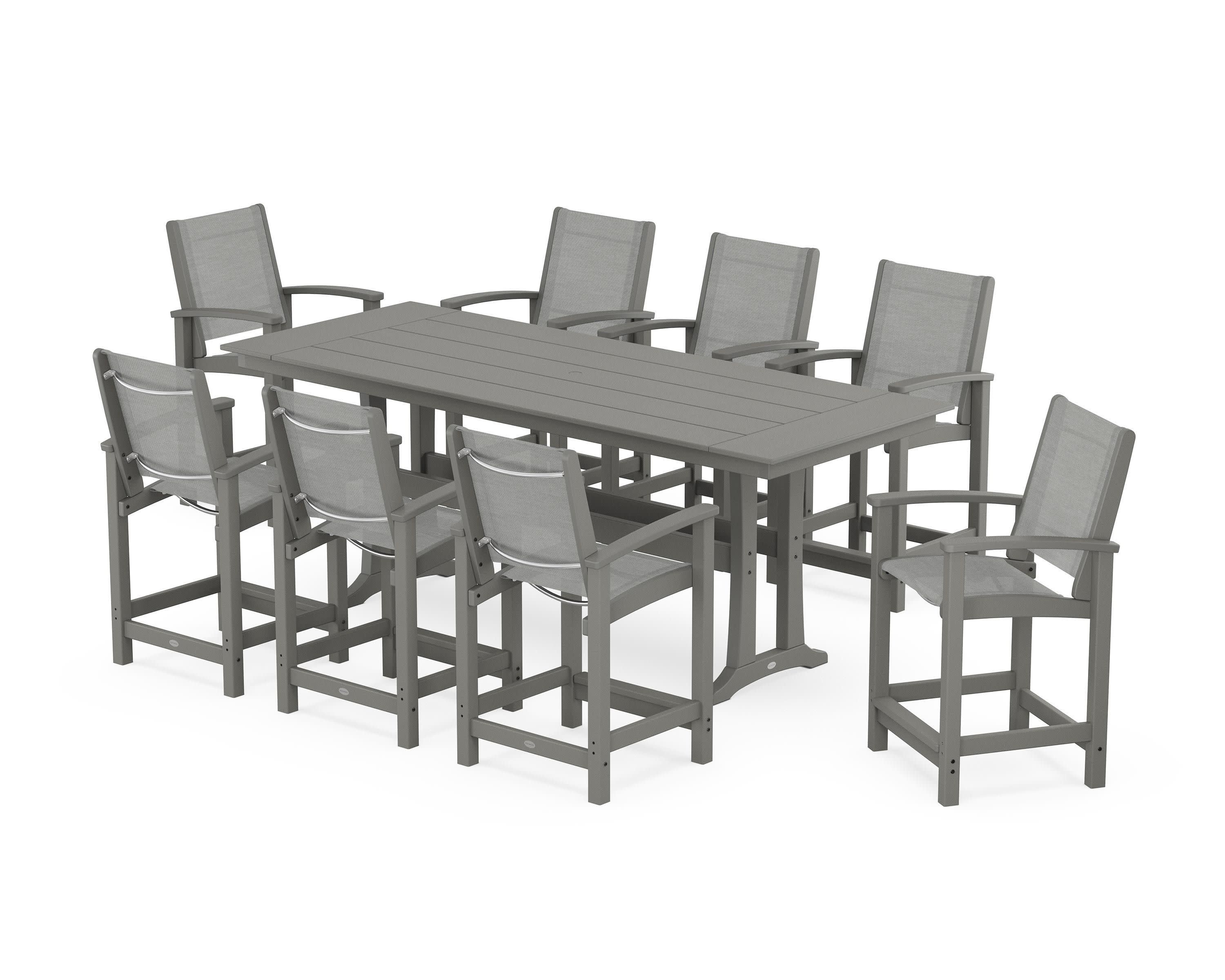 Coastal 9-Piece Farmhouse Counter Set with Trestle Legs in Slate Grey / Metallic Sling