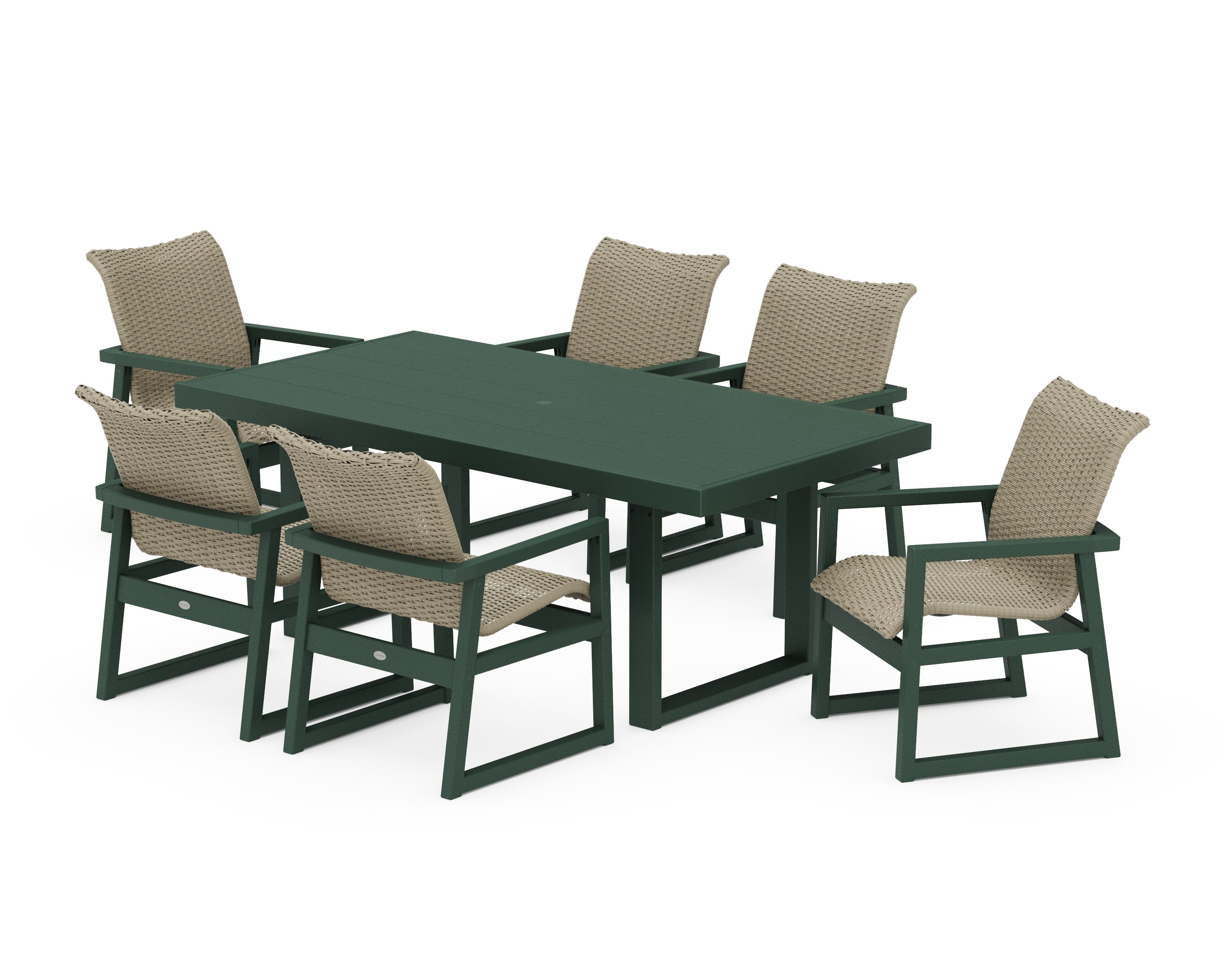 EDGE Woven Arm Chair 7-Piece Dining Set in Green / Dune Grass