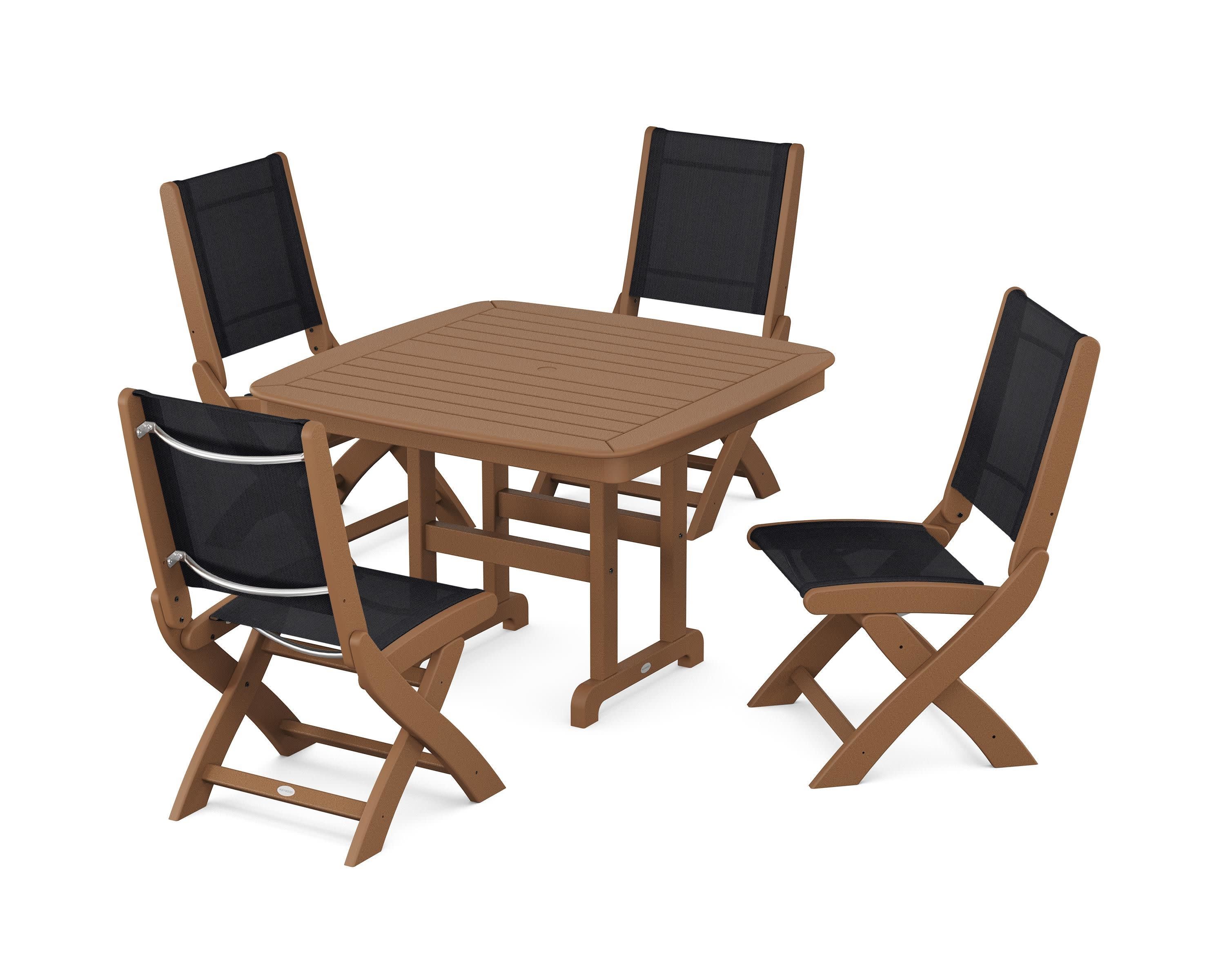 Coastal Folding Side Chair 5-Piece Dining Set in Teak / Black Sling