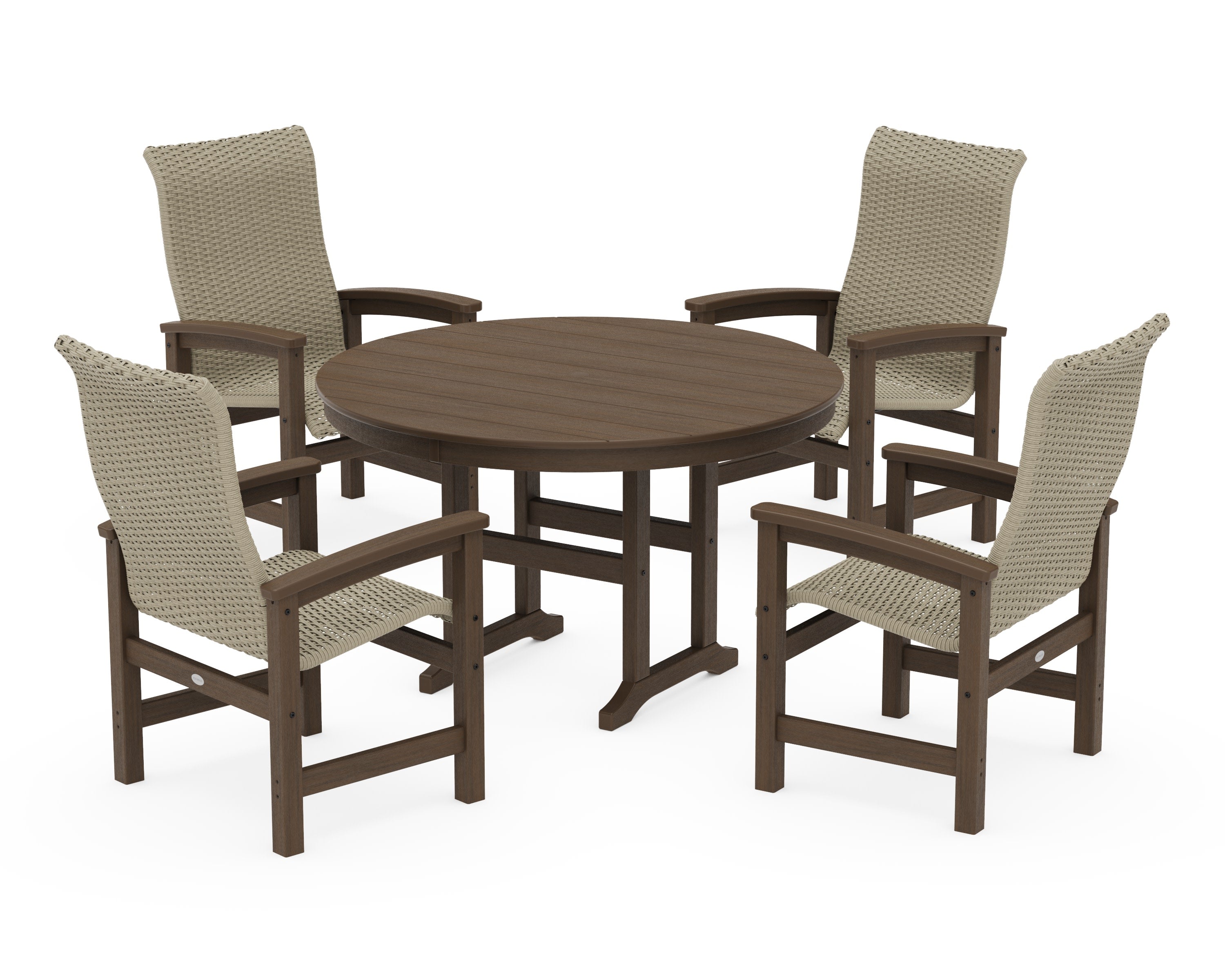 Coastal Woven High-Back 5-Piece Round Farmhouse Dining Set in Kona / Dune Grass