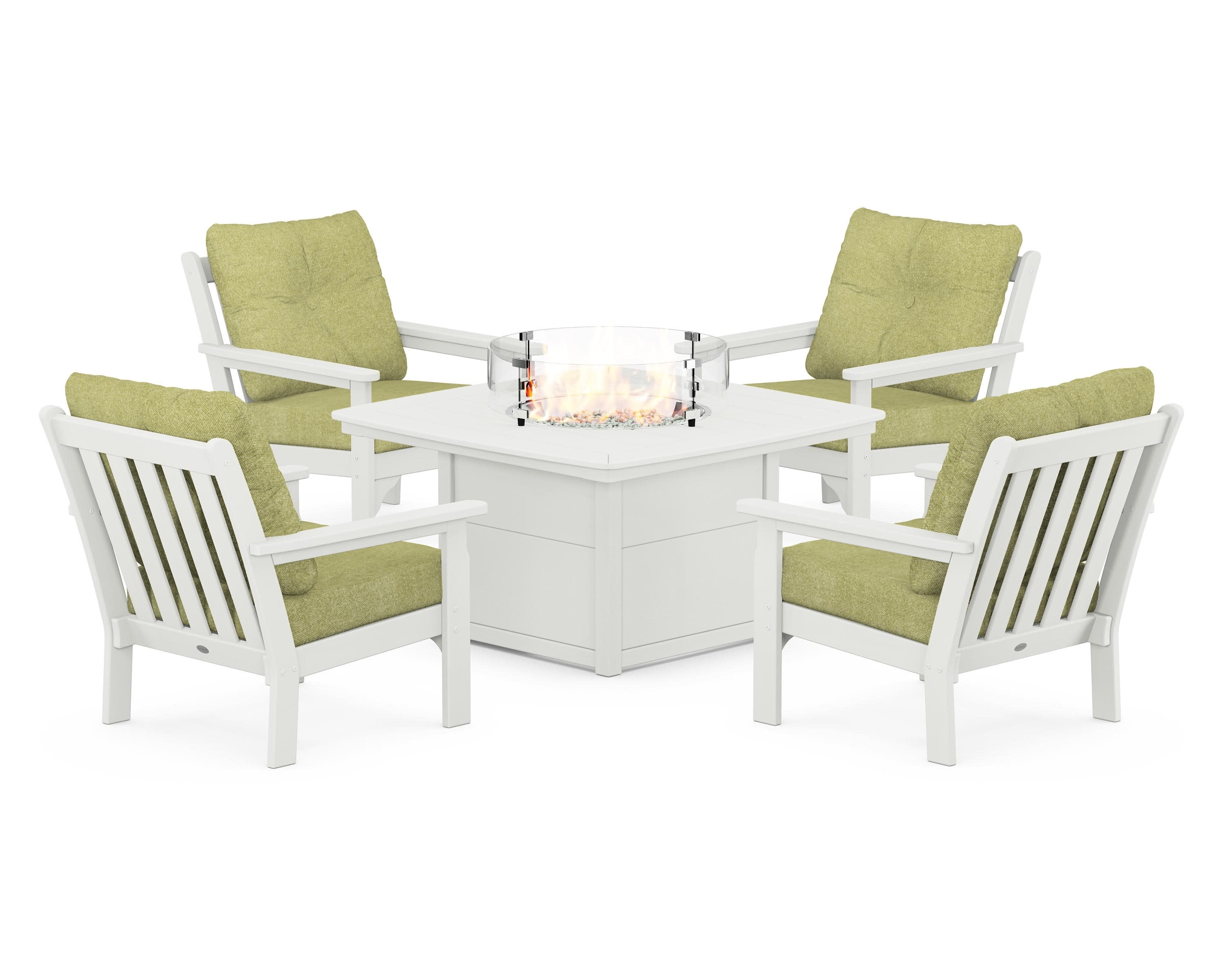 Vineyard 5-Piece Conversation Set with Fire Pit Table in Vintage White / Chartreuse Boucle