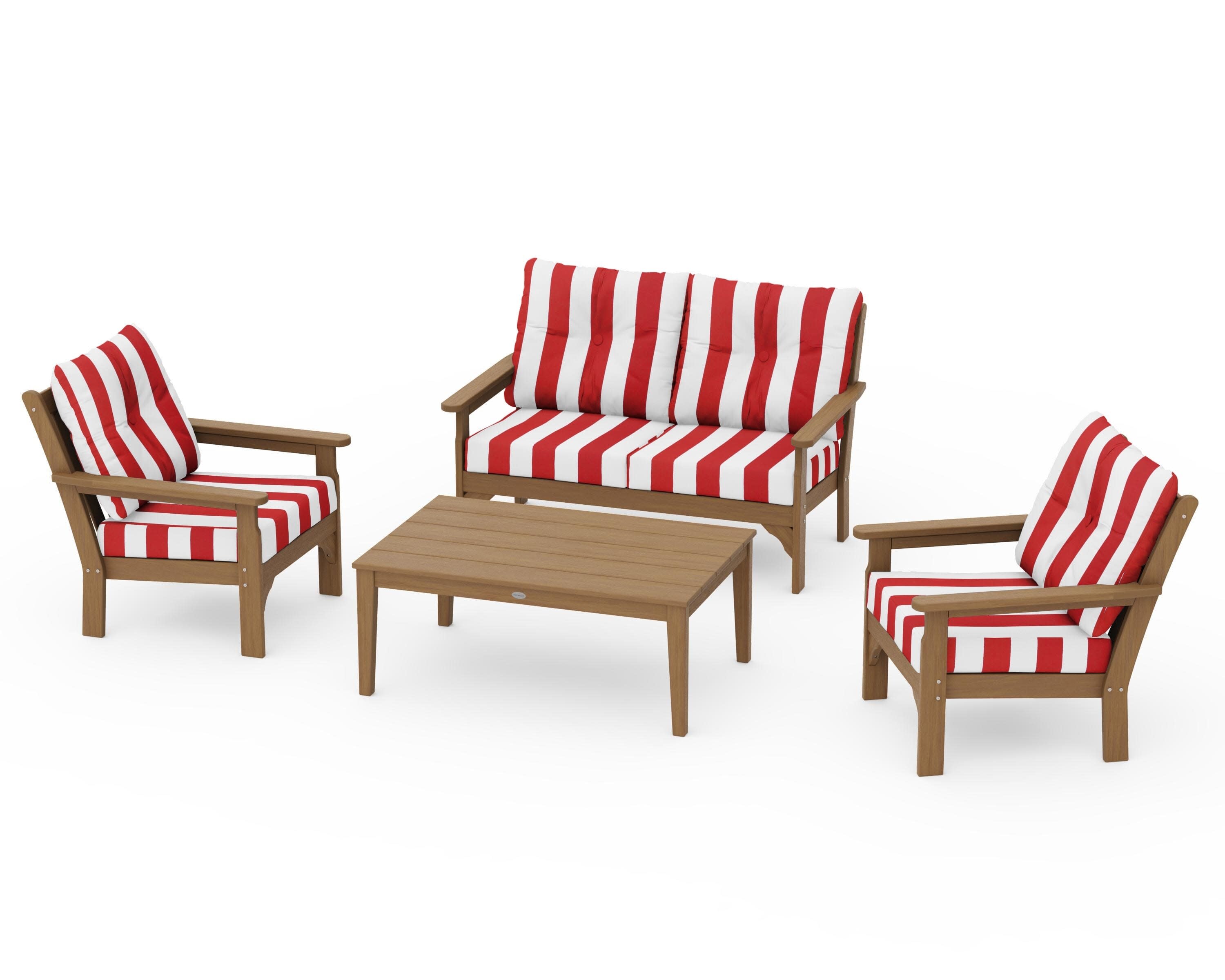 Vineyard 4-Piece Deep Seating Set in Natural / Cabana Stripe Crimson