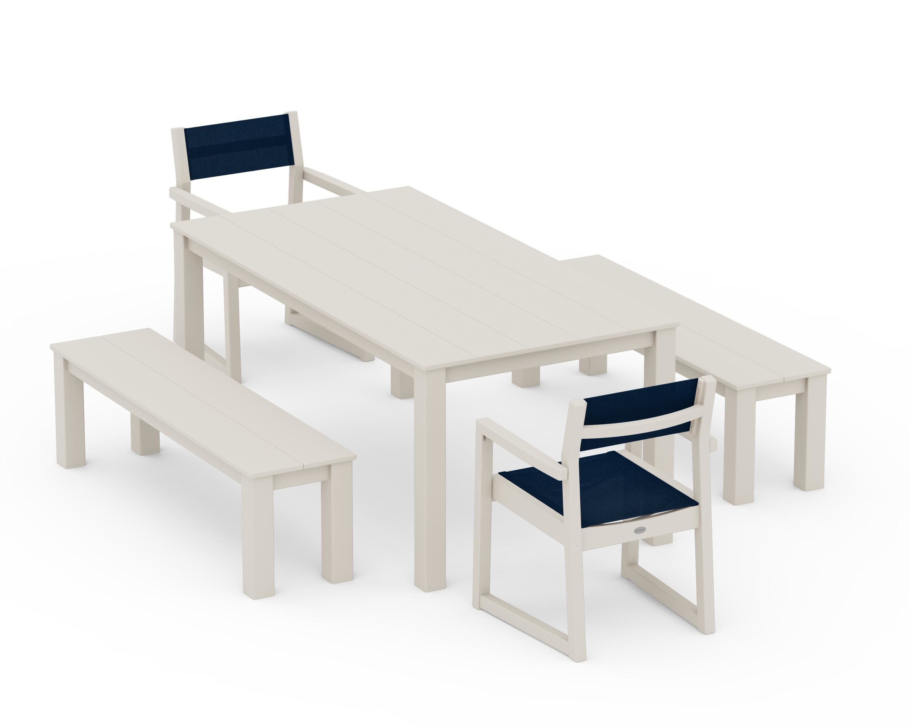 EDGE Sling Arm Chair 5-Piece Parsons Dining Set with Benches in Sand / Navy Blue Sling