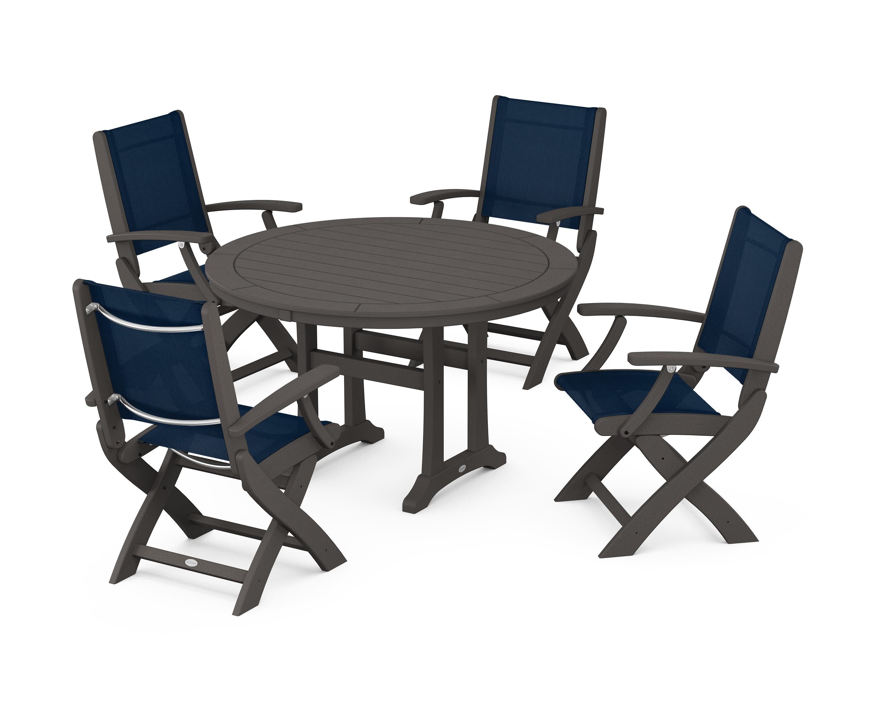 Coastal Folding Chair 5-Piece Round Dining Set with Trestle Legs in Vintage Coffee / Navy Blue Sling