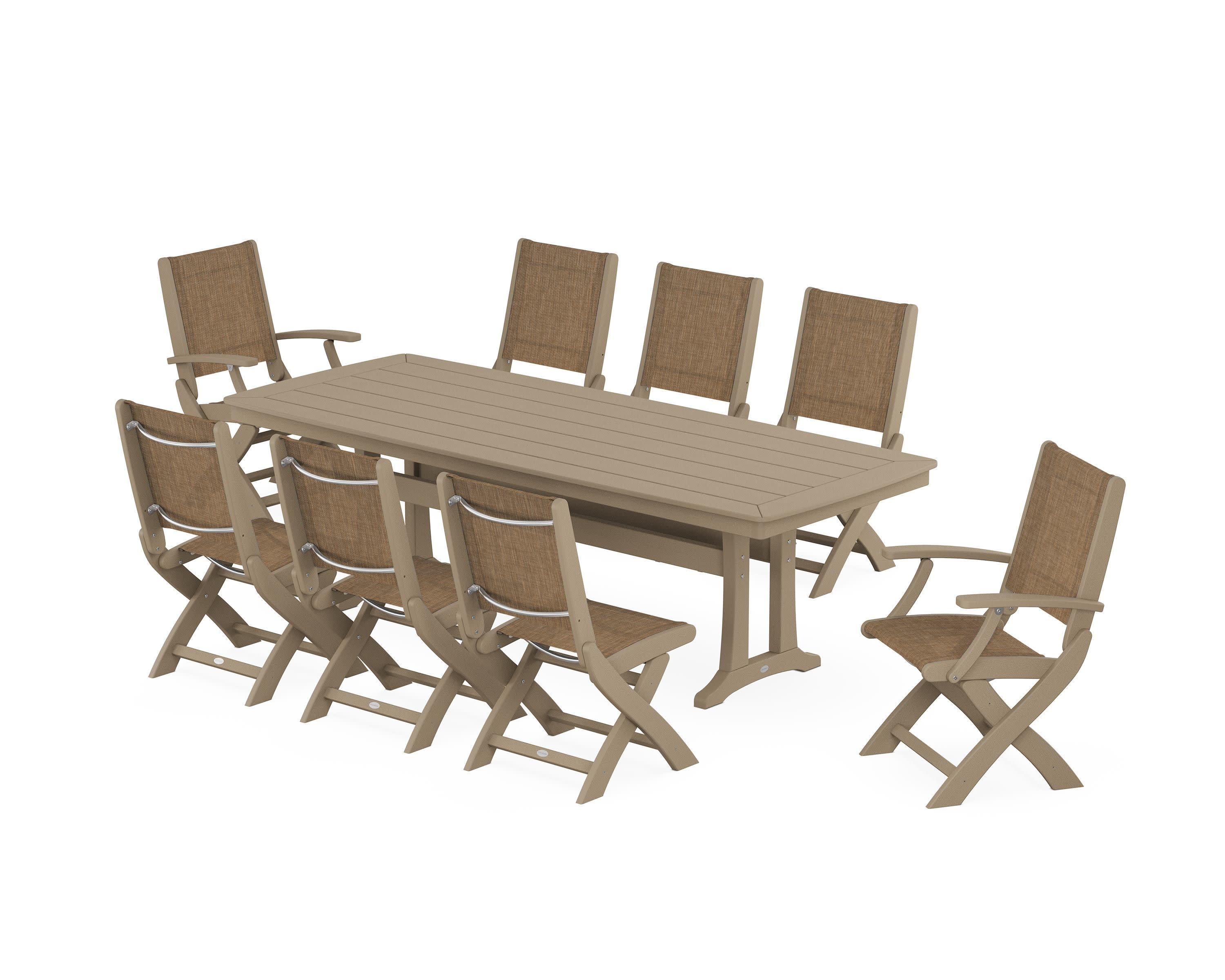 Coastal Folding 9-Piece Dining Set with Trestle Legs in Vintage Sahara / Burlap Sling