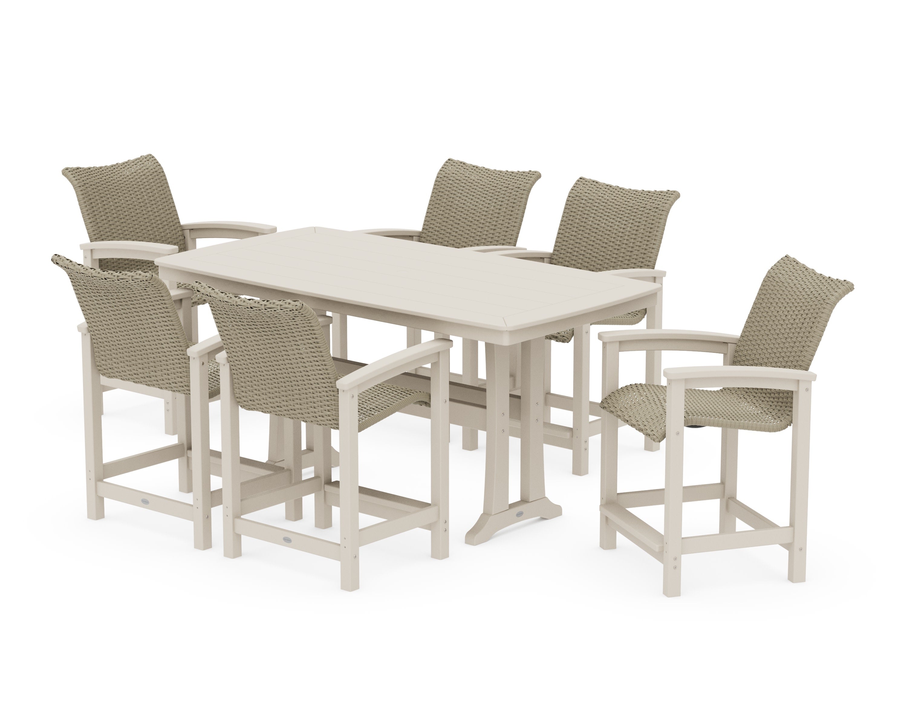 Coastal Woven Arm Chair 7-Piece Counter Set with Trestle Legs in Sand / Dune Grass