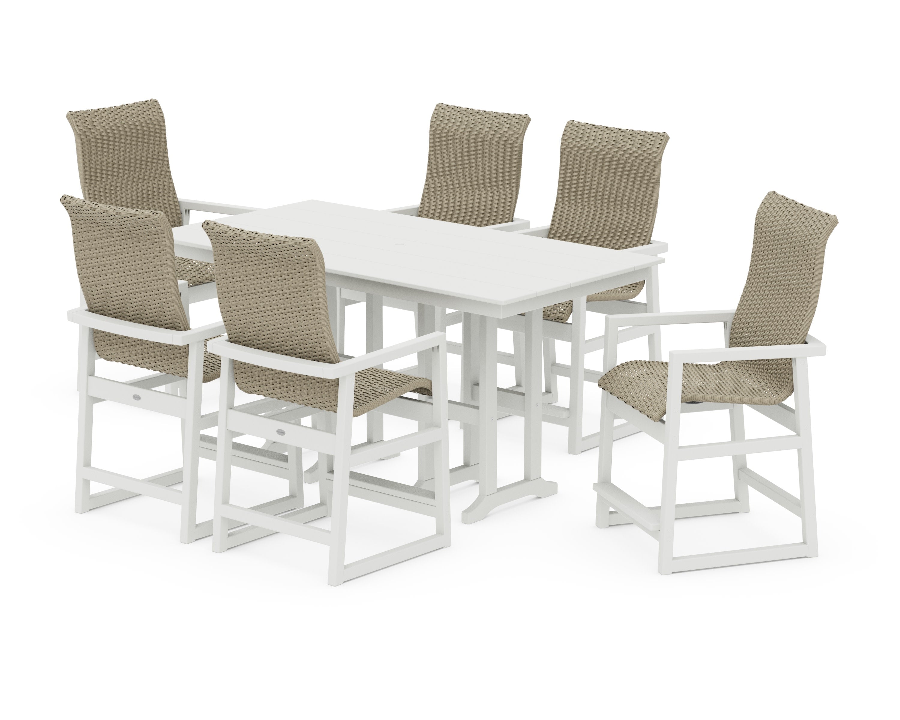EDGE Woven Highback Arm Chair 7-Piece Farmhouse Counter Set in Vintage White / Dune Grass