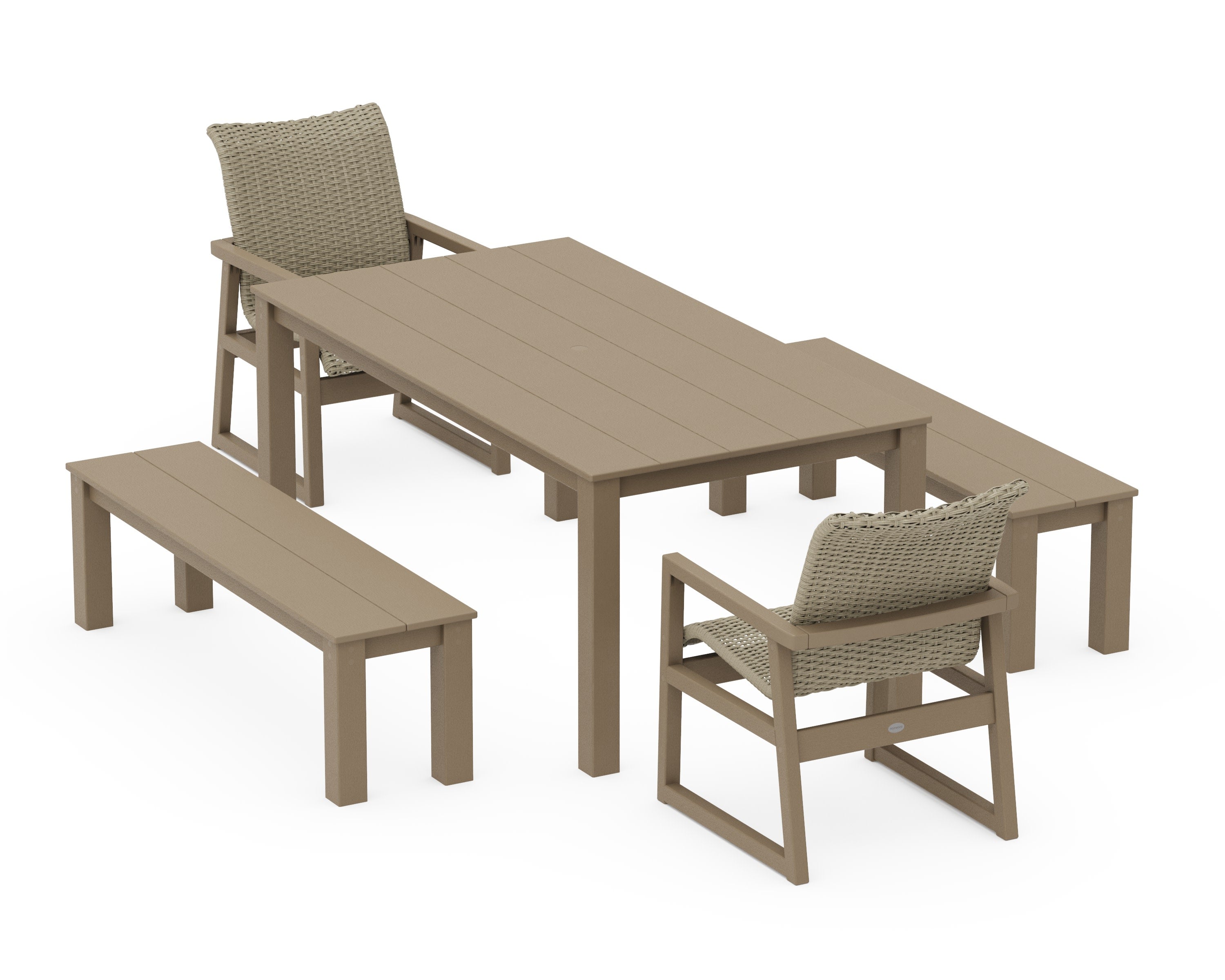 EDGE Woven 5-Piece Parsons Dining Set with Benches in Vintage Sahara / Dune Grass