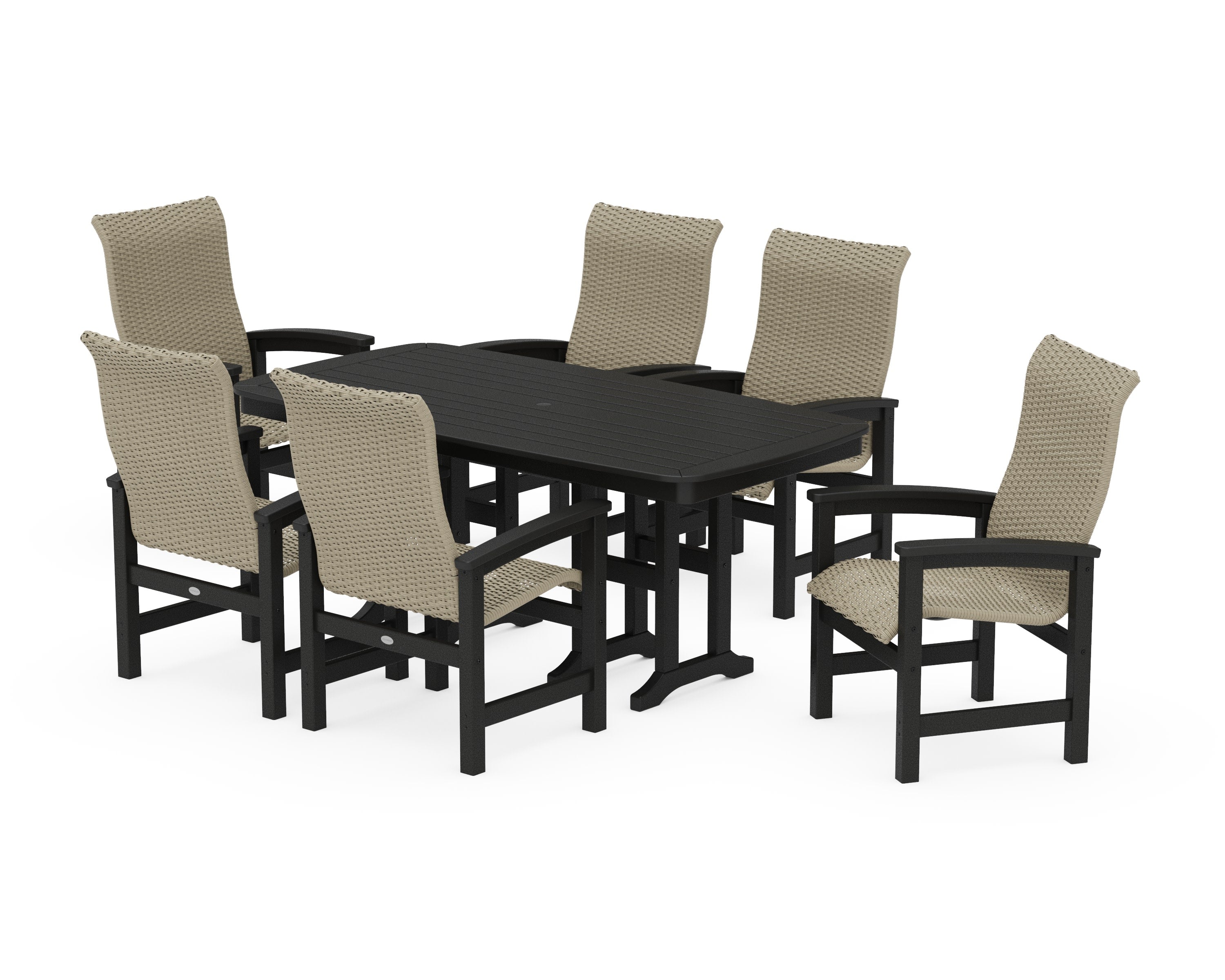 Coastal Woven High-Back Arm Chair 7-Piece Dining Set in Black / Dune Grass