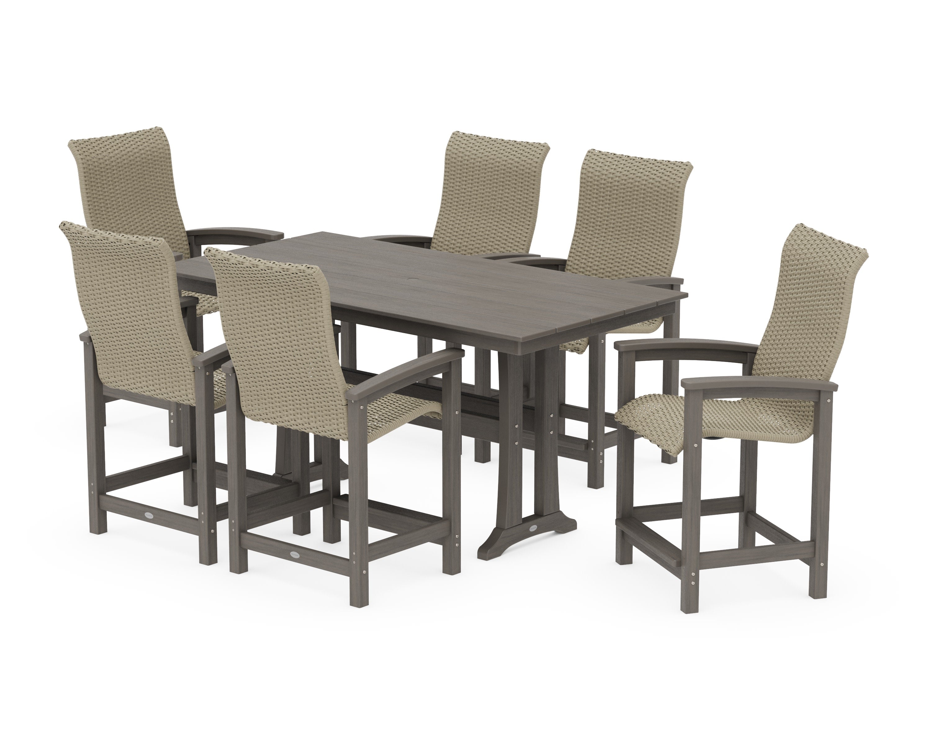 Coastal Woven High-Back Arm Chair 7-Piece Farmhouse Counter Set with Trestle Legs in Driftwood / Dune Grass
