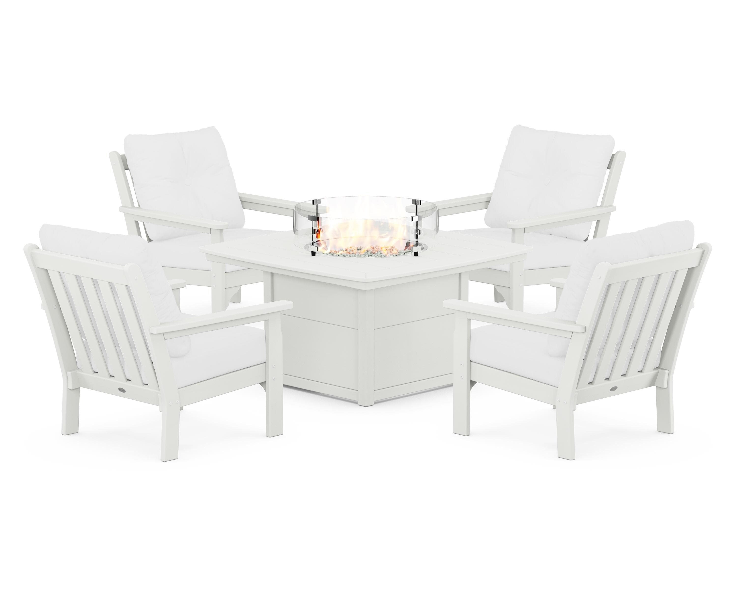 Vineyard 5-Piece Conversation Set with Fire Pit Table in Vintage White / Natural