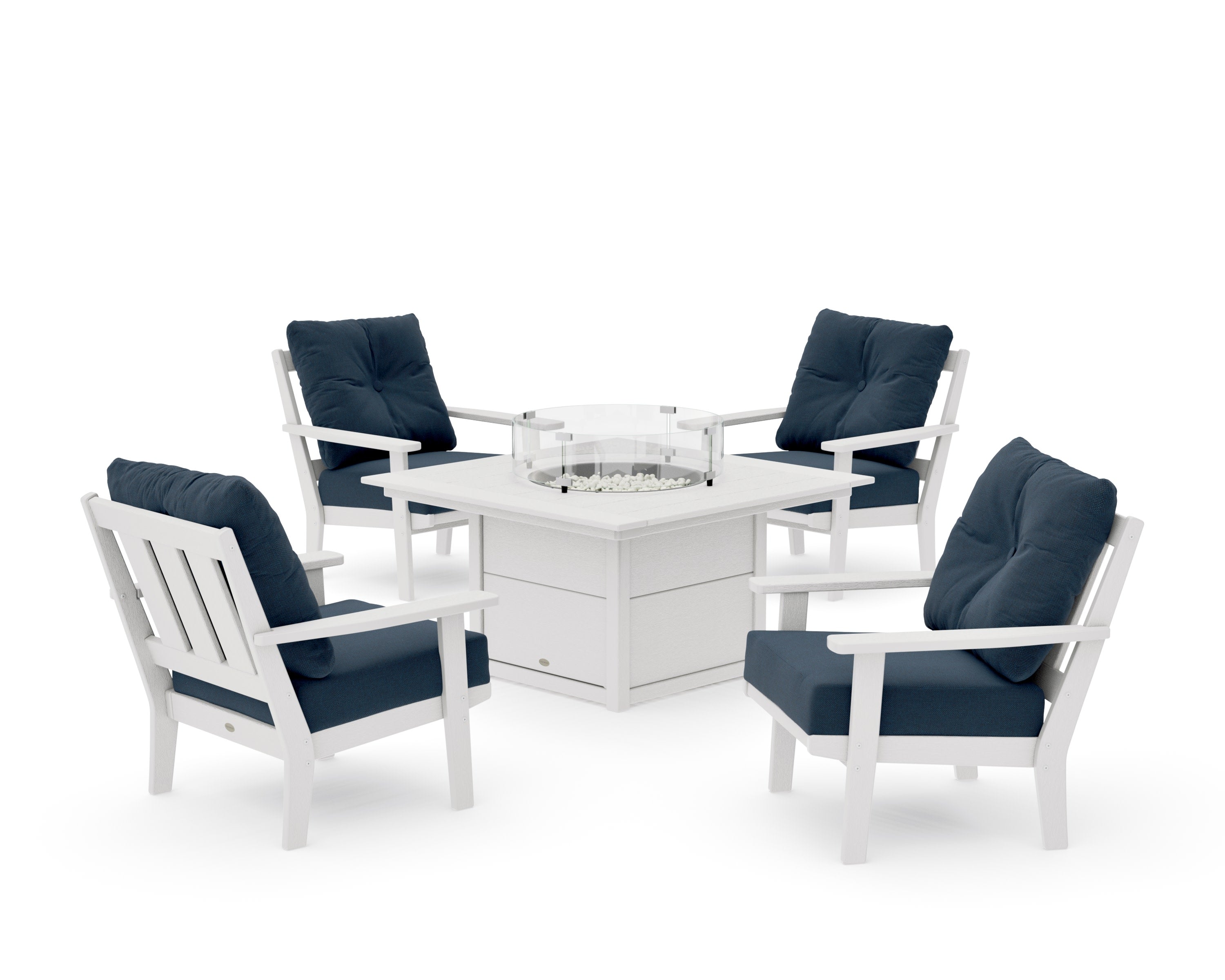 Oxford 5-Piece Deep Seating Set with Fire Pit Table in Vintage White / Marine Indigo