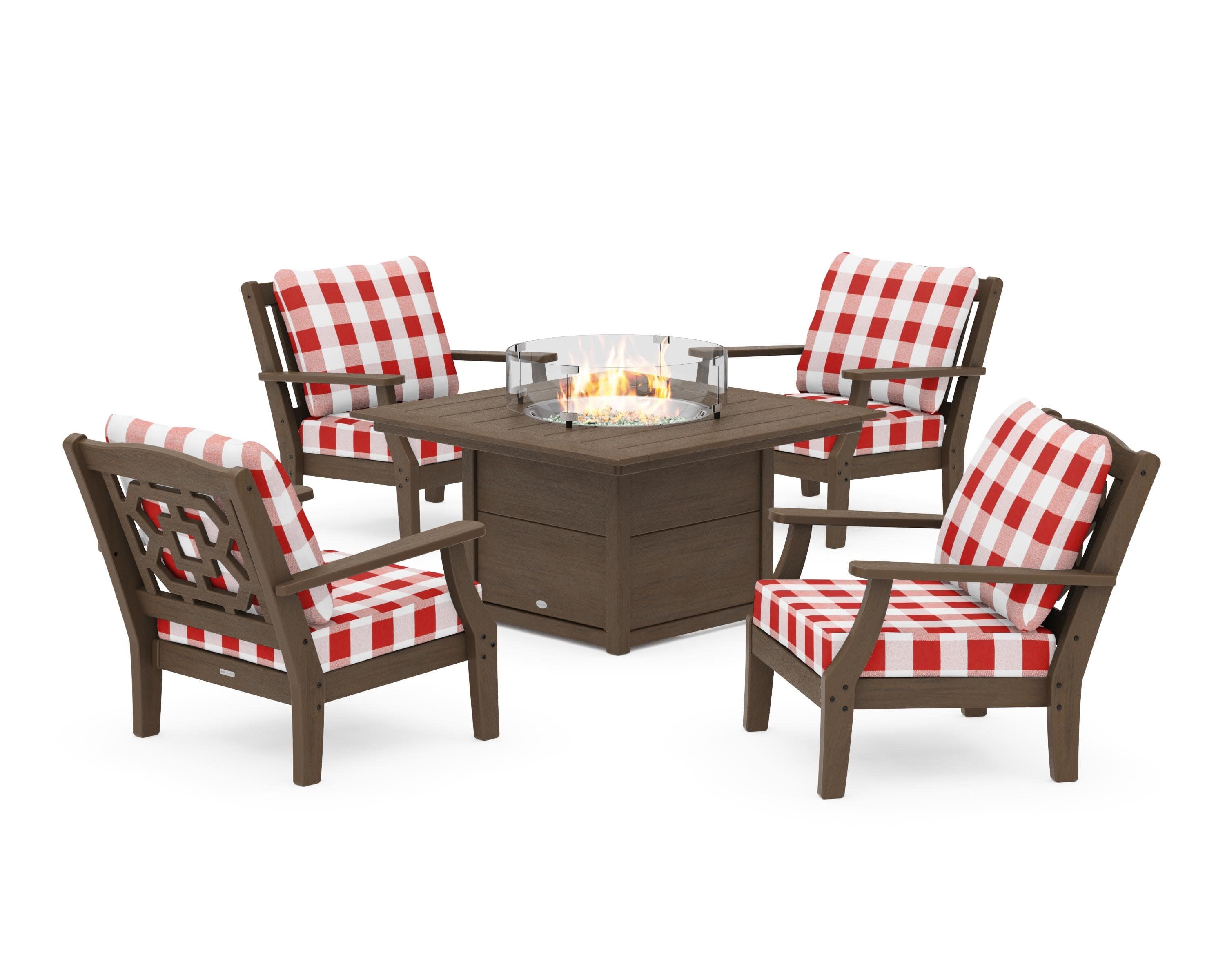 Chinoiserie 5-Piece Deep Seating Set with Fire Pit Table in Kona / Buffalo Plaid Crimson