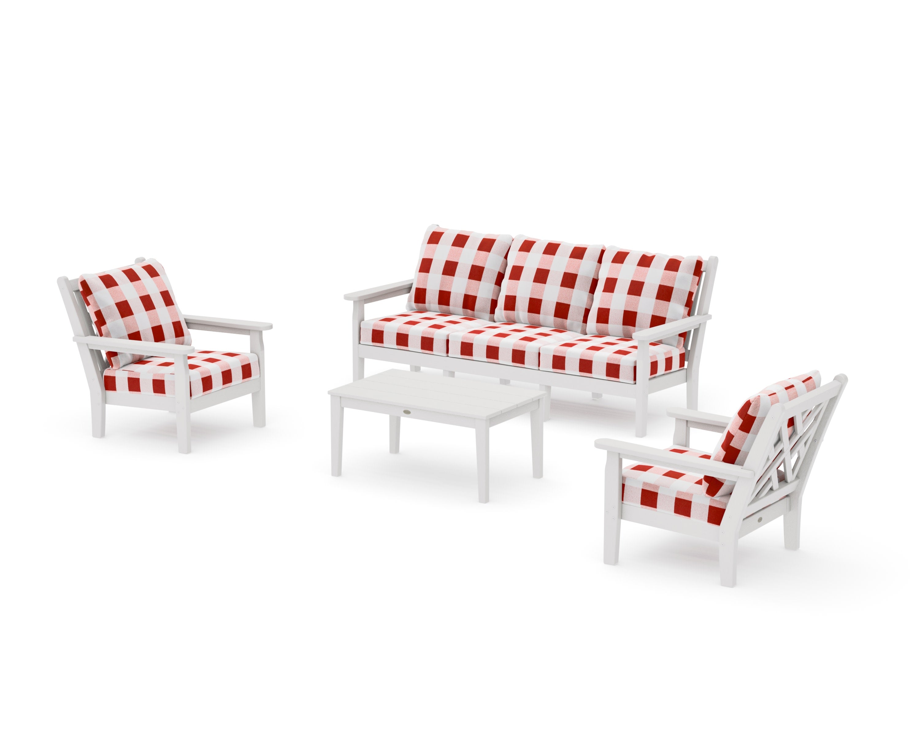 Chippendale 4-Piece Deep Seating Set with Sofa in Vintage White / Buffalo Plaid Crimson