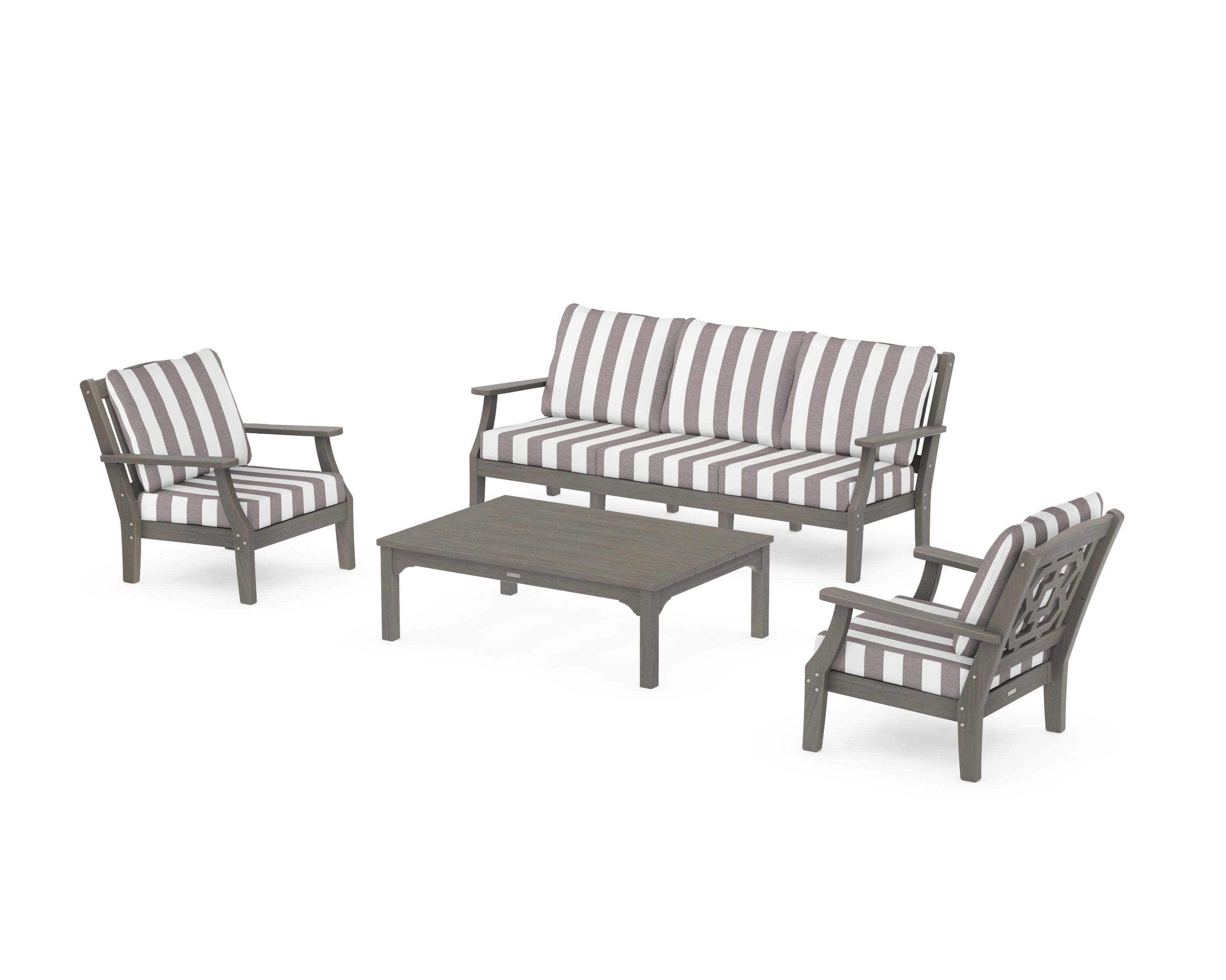 Chinoiserie 4-Piece Deep Seating Set with Sofa in Driftwood / Cabana Stripe Grey Mist
