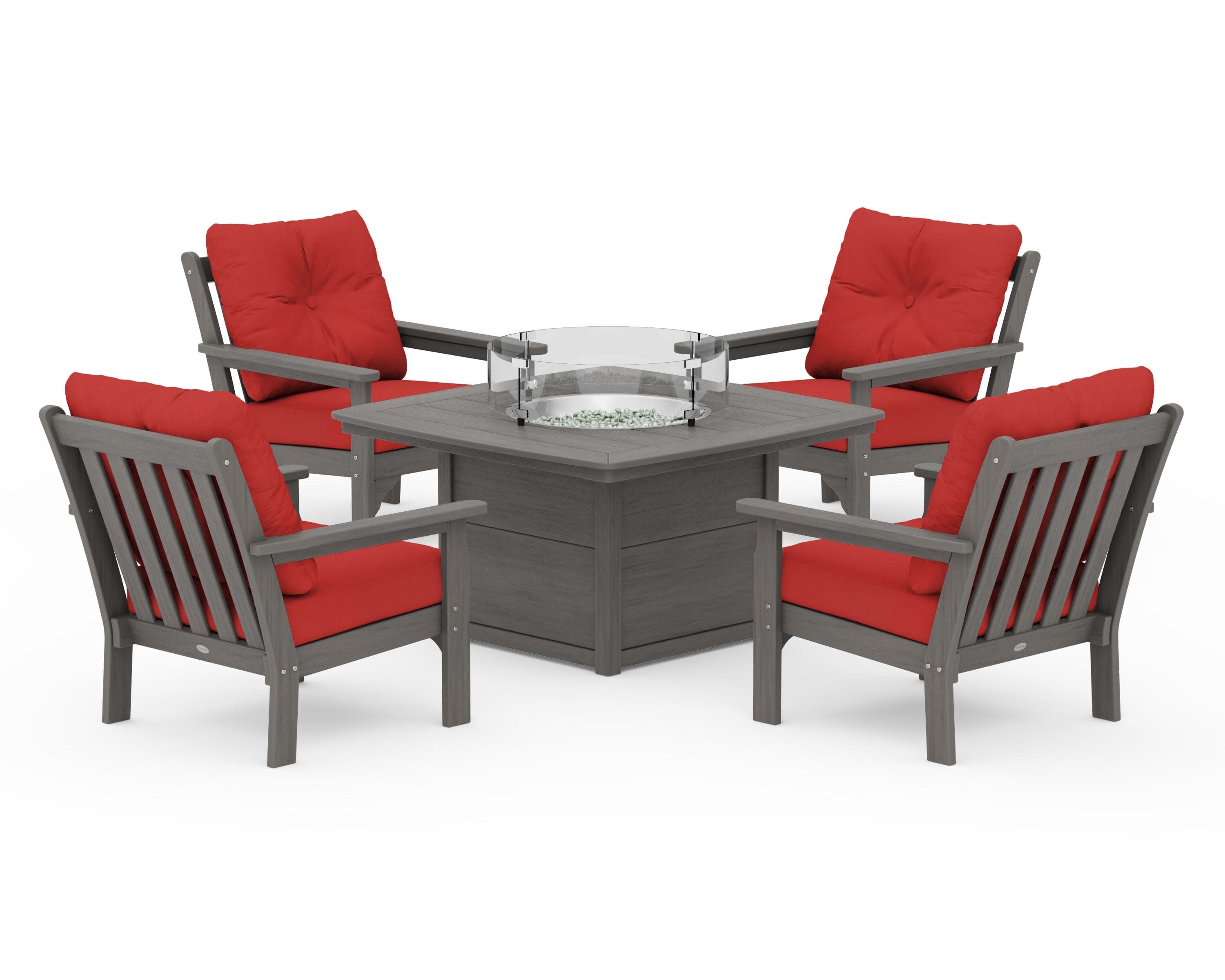 Vineyard 5-Piece Conversation Set with Fire Pit Table in Driftwood / Crimson Linen