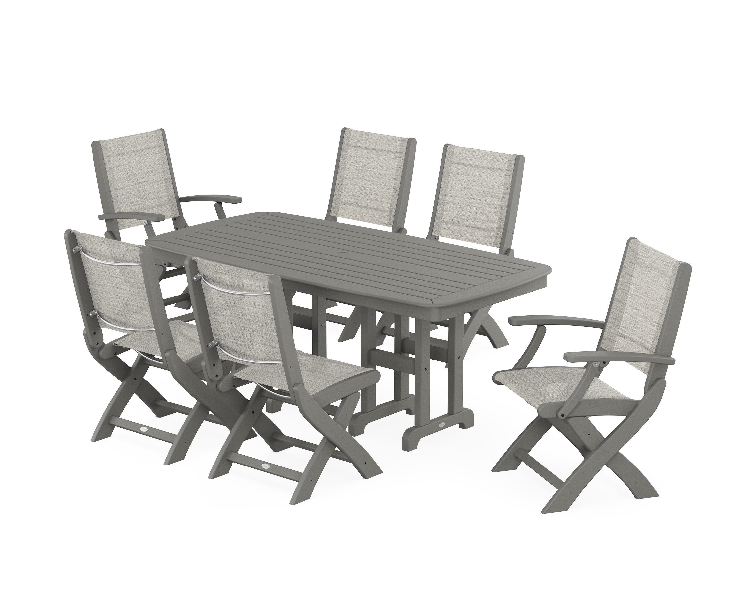 Coastal Folding Chair 7-Piece Dining Set in Slate Grey / Birch Sling