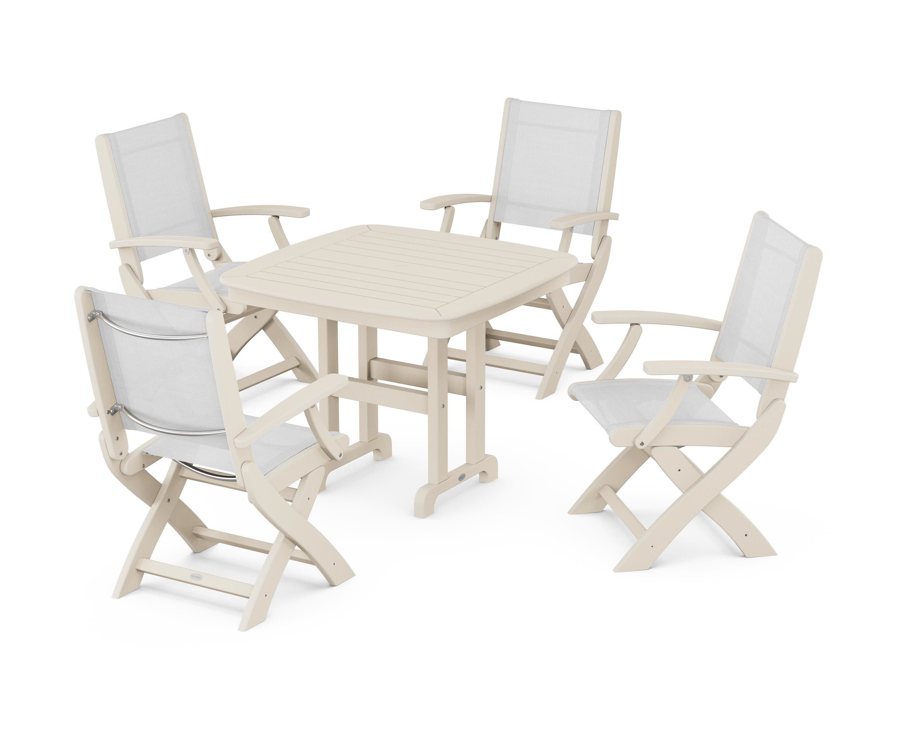 Coastal Folding Chair 5-Piece Dining Set in Sand / White Sling