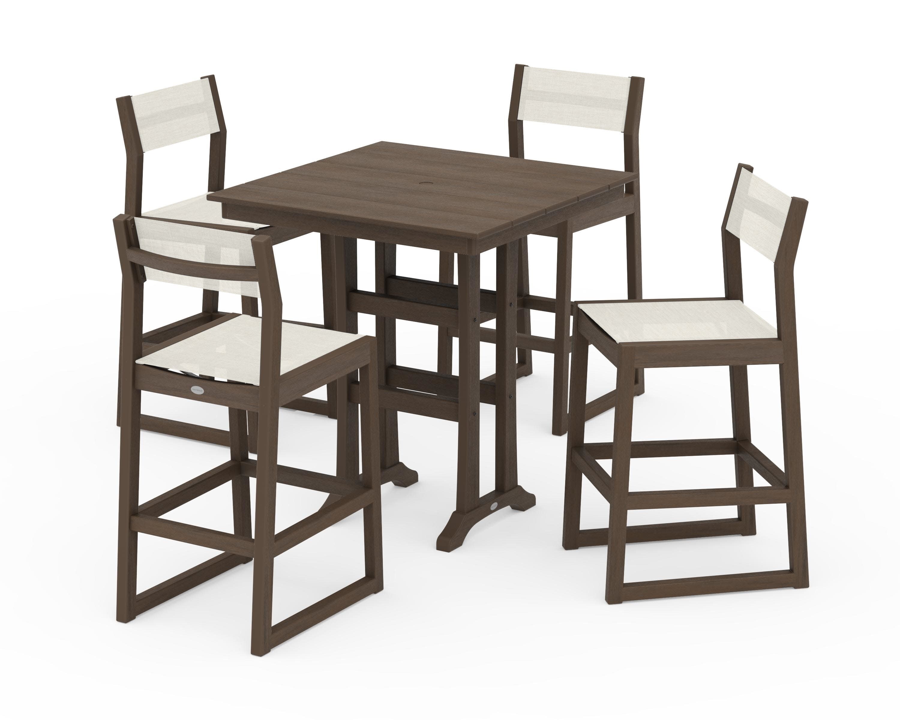 EDGE Sling Arm Chair 5-Piece Farmhouse Bar Set with Trestle Legs in Kona / Parchment Sling