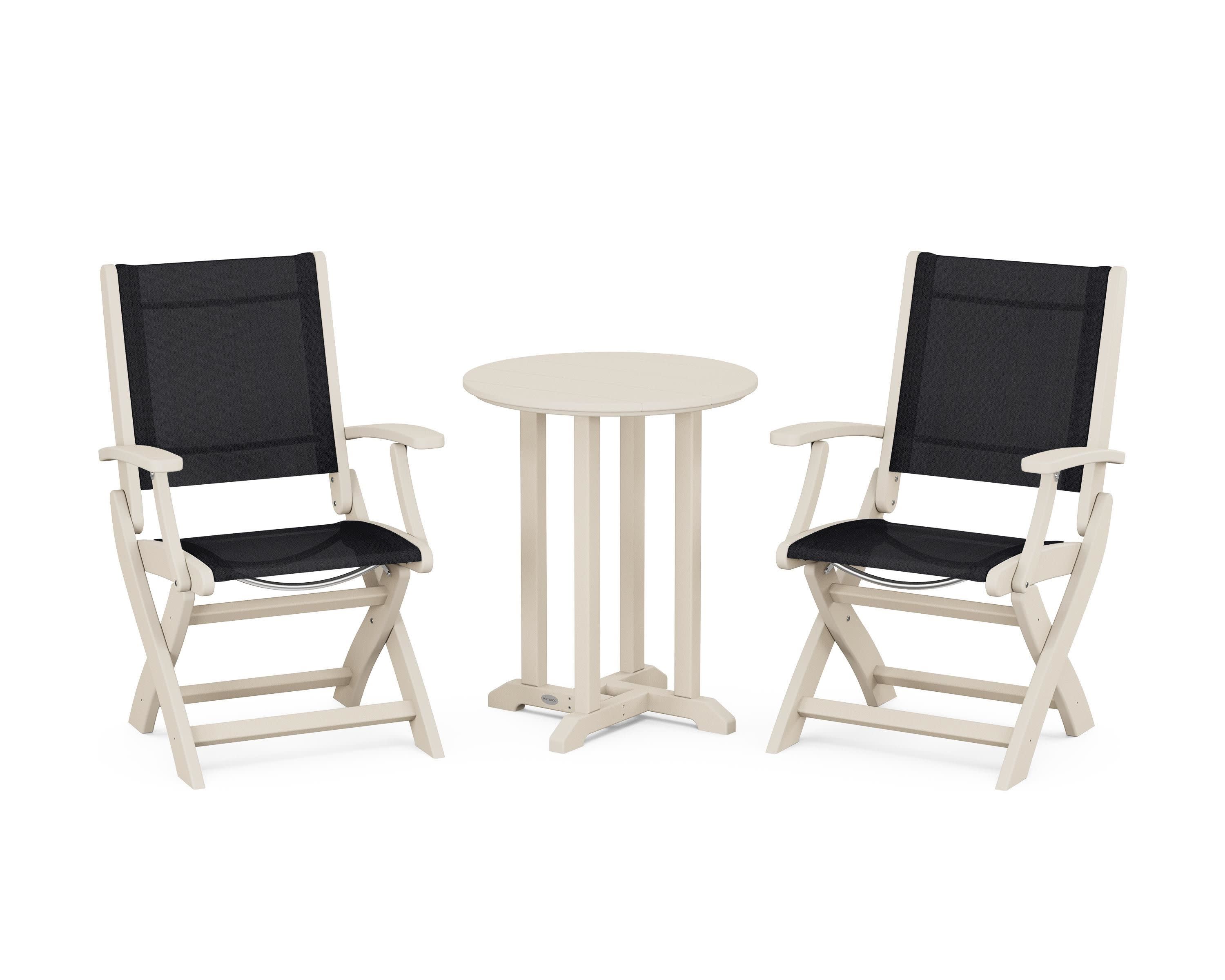 Coastal Folding 3-Piece Round Bistro Dining Set in Sand / Black Sling