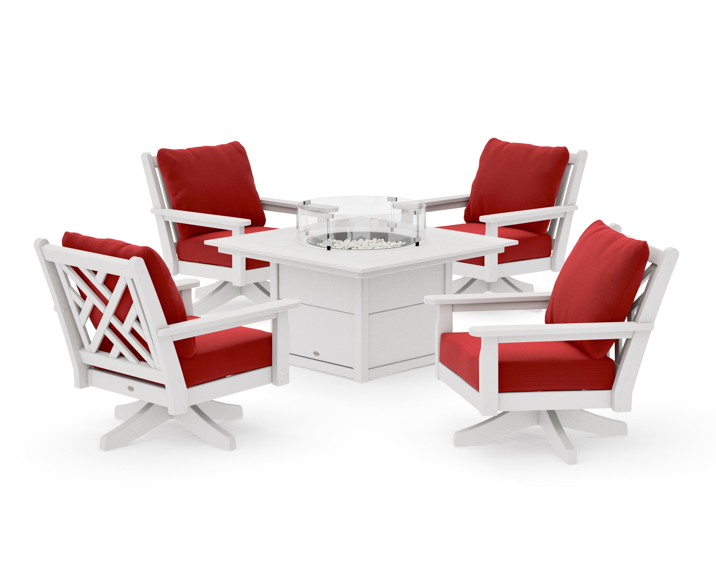 Chippendale 5-Piece Deep Seating Swivel Conversation Set with Fire Pit Table in Vintage White / Crimson Linen