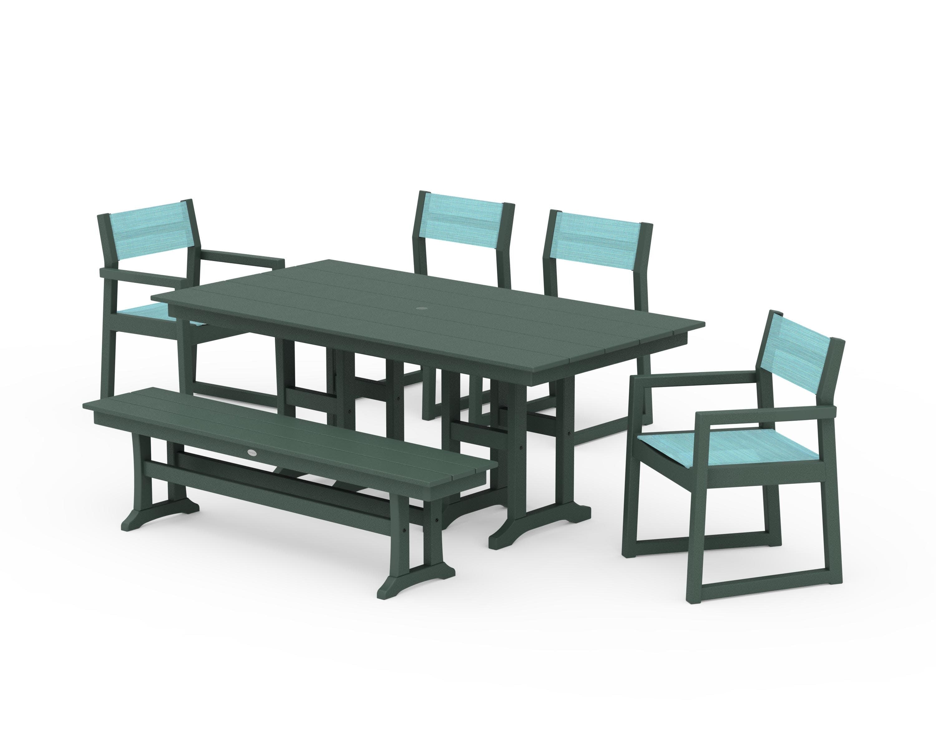EDGE Sling 6-Piece Farmhouse Dining Set in Green / Dupioni Aquamarine Sling