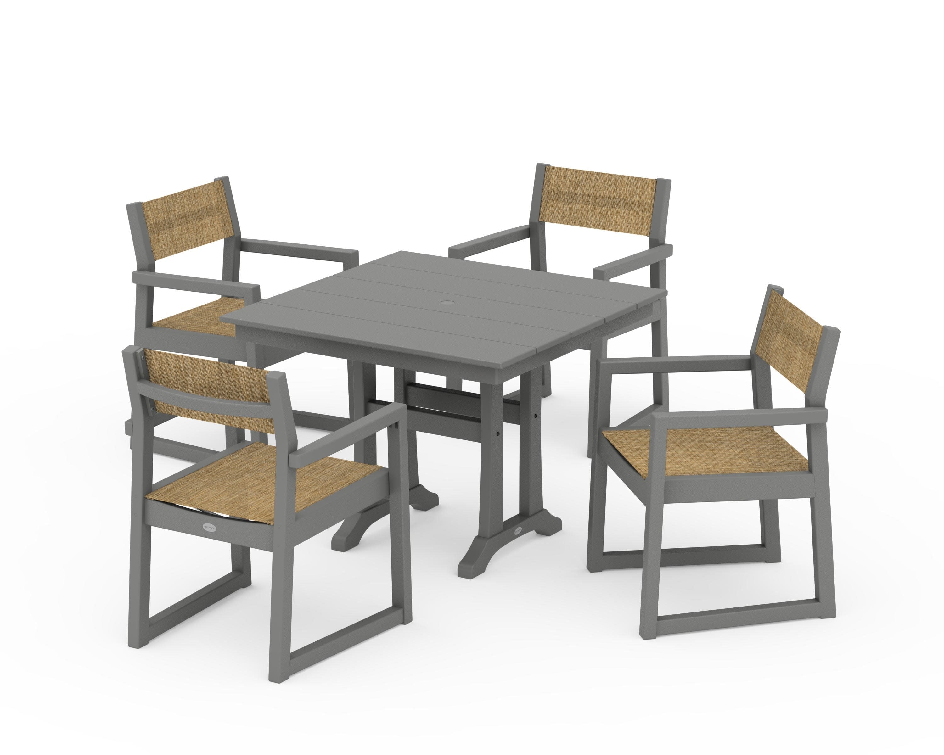 EDGE Sling 5-Piece Farmhouse Dining Set with Trestle Legs in Slate Grey / Burlap Sling