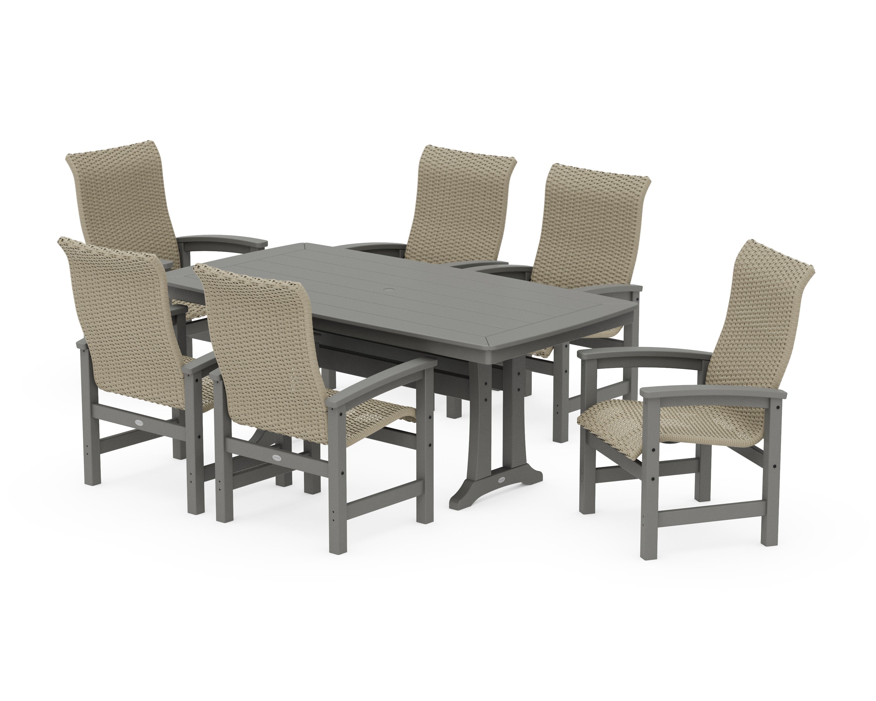 Coastal Woven High-Back Arm Chair 7-Piece Dining Set with Trestle Legs in Slate Grey / Dune Grass
