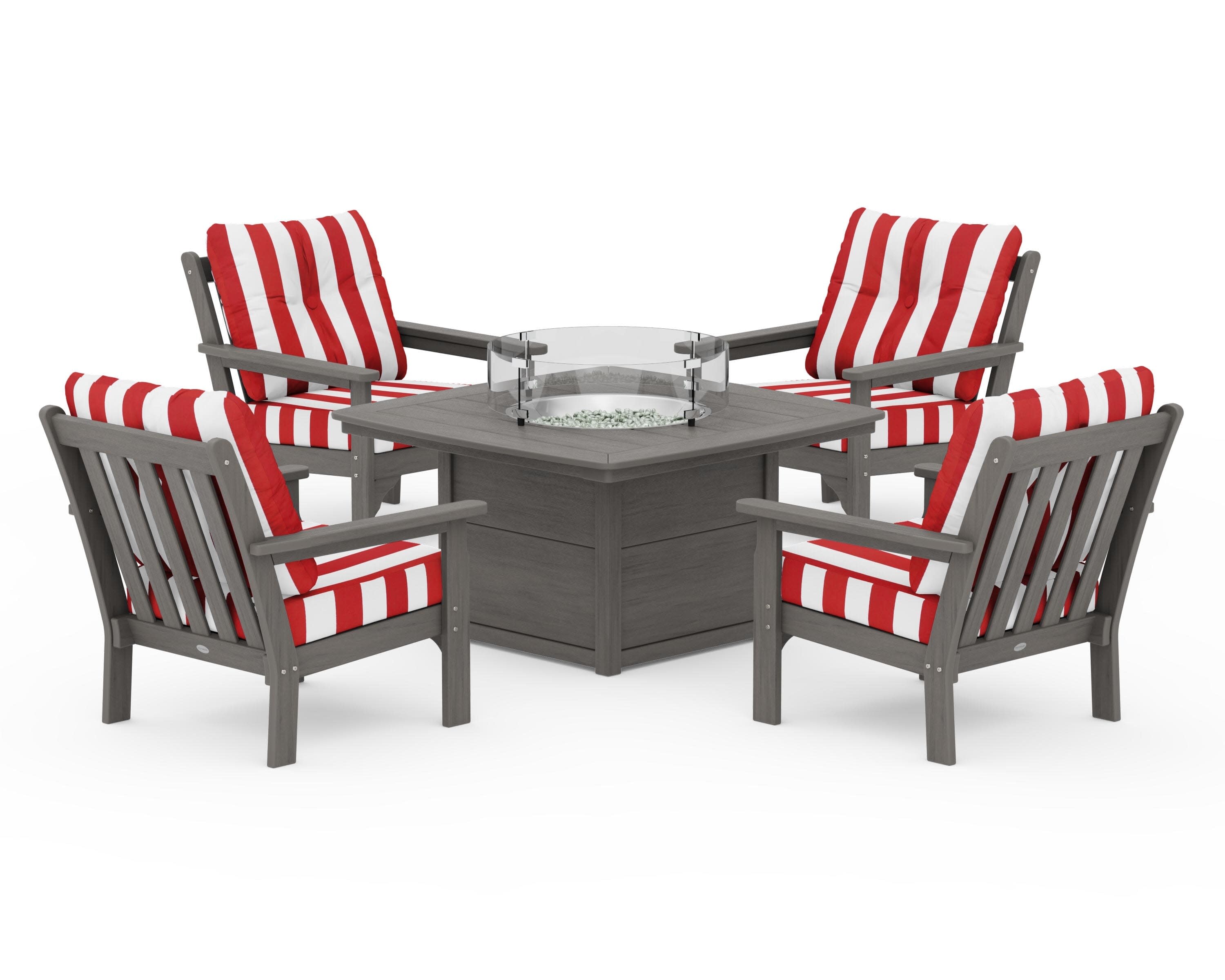 Vineyard 5-Piece Conversation Set with Fire Pit Table in Driftwood / Cabana Stripe Crimson