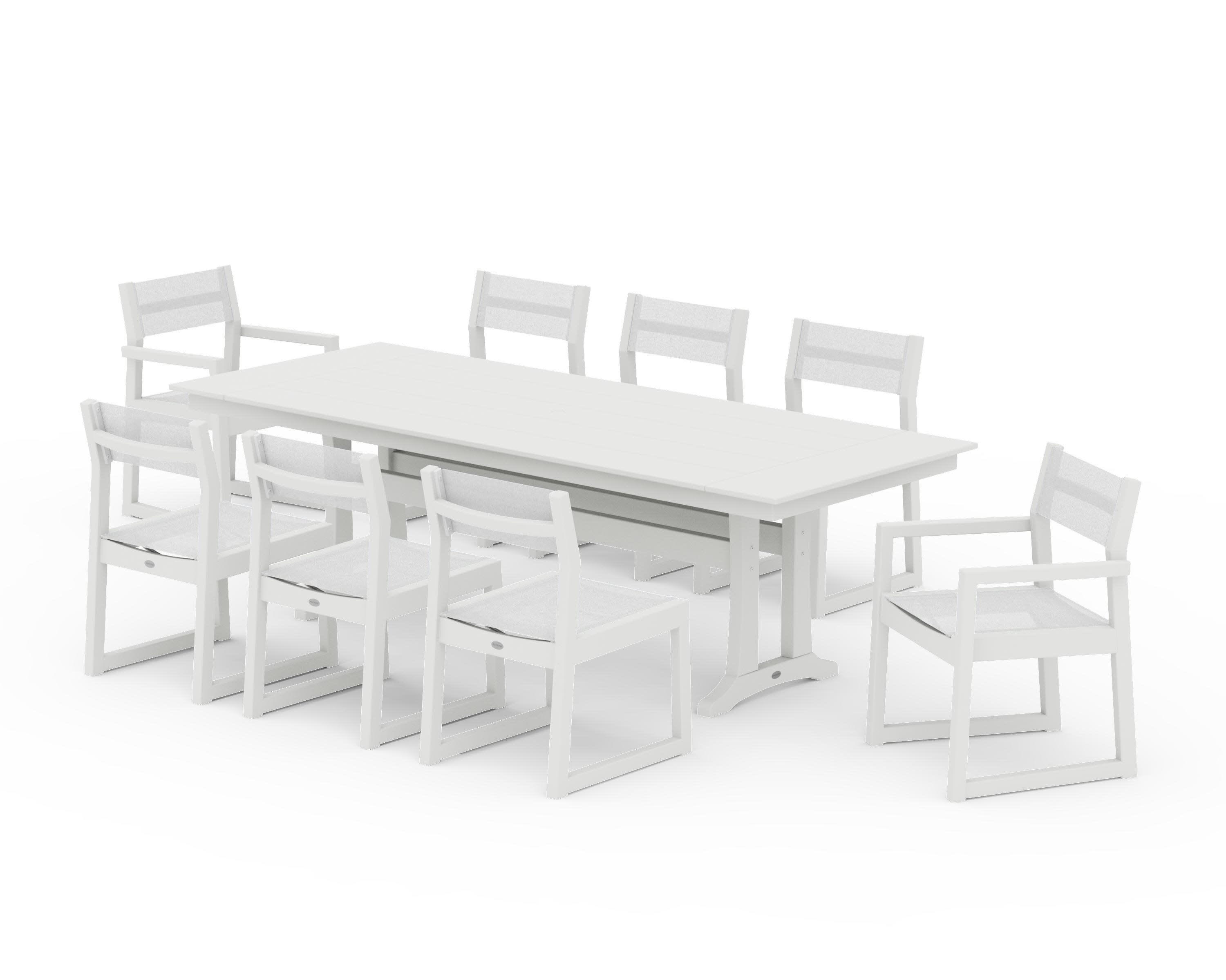 EDGE Sling 9-Piece Farmhouse Trestle Dining Set in Vintage White / White Sling