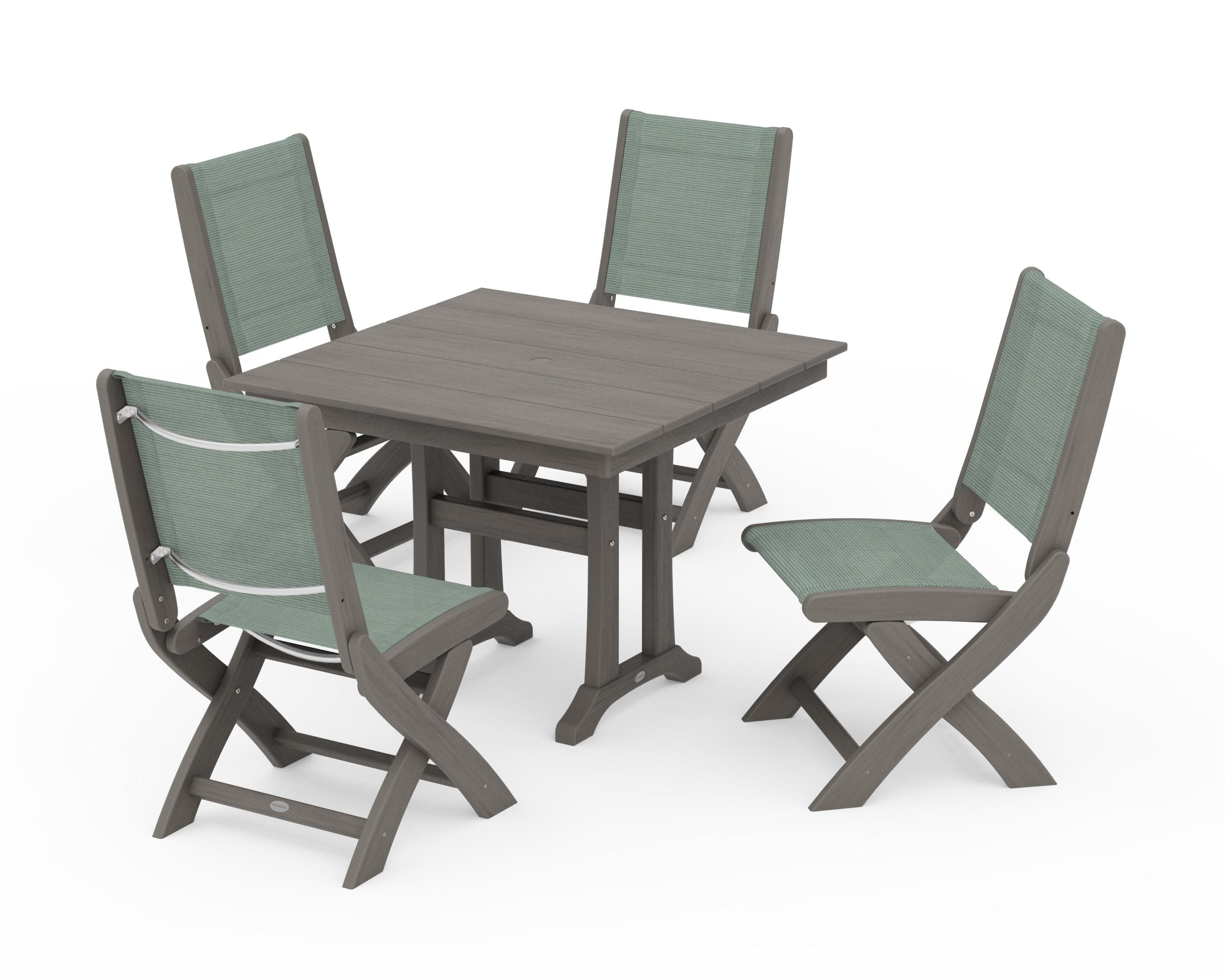 Coastal Folding Side Chair 5-Piece Farmhouse Dining Set With Trestle Legs in Driftwood / Dupioni Sea Mist Sling