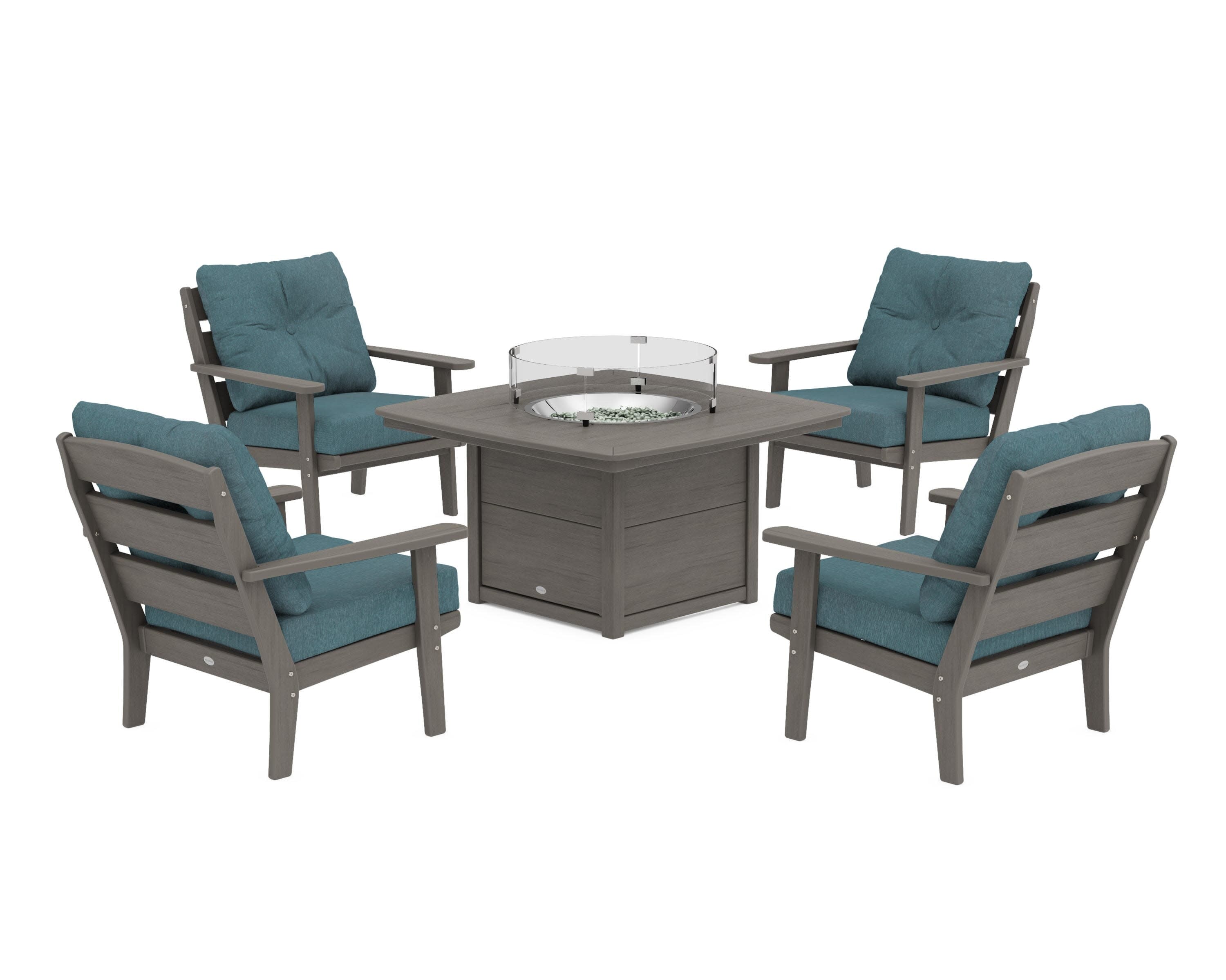 Lakeside 5-Piece Deep Seating Set with Nautical Fire Pit Table in Driftwood / Ocean Teal