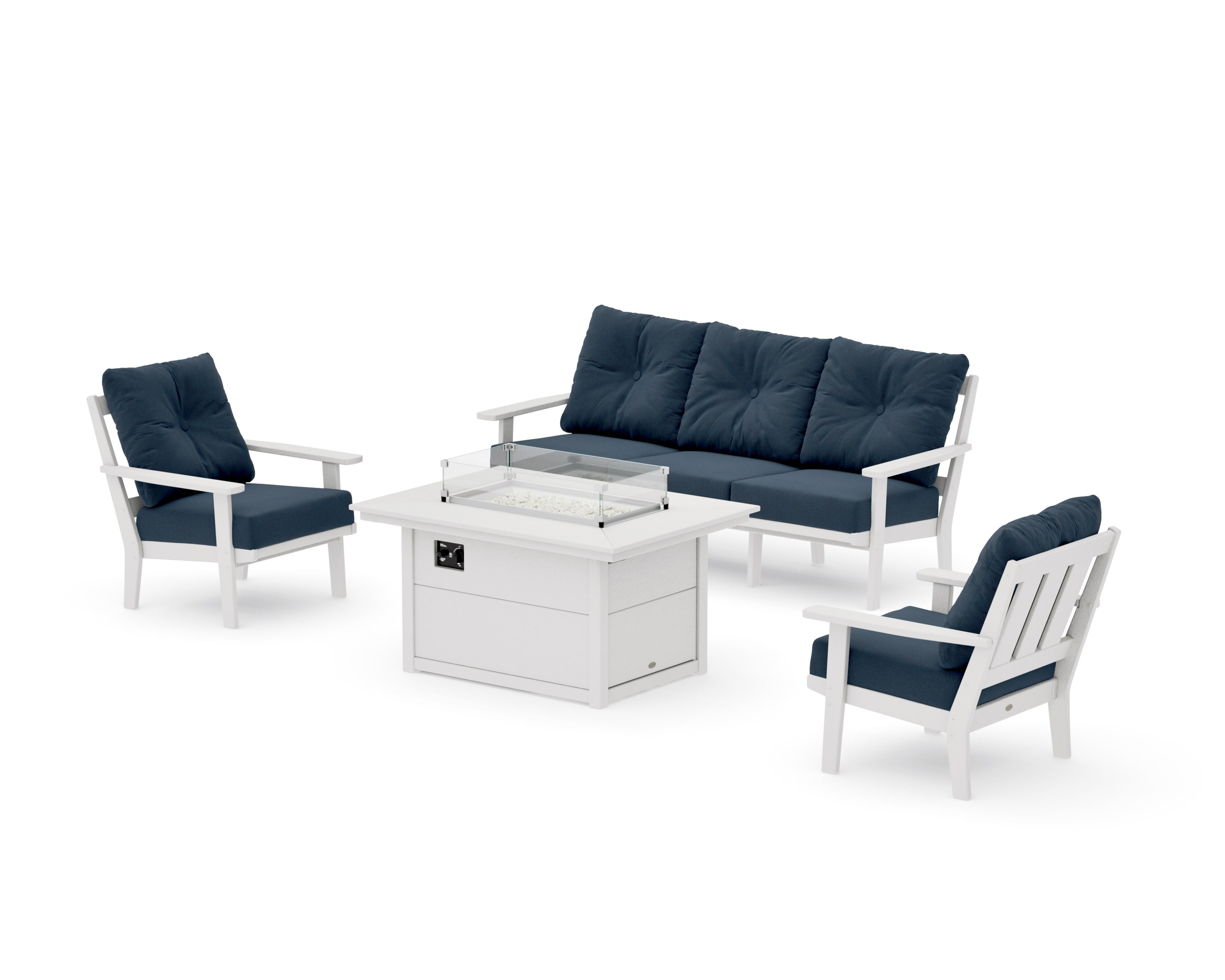 Oxford Deep Seating Fire Pit Table Set in Vintage White / Marine Indigo