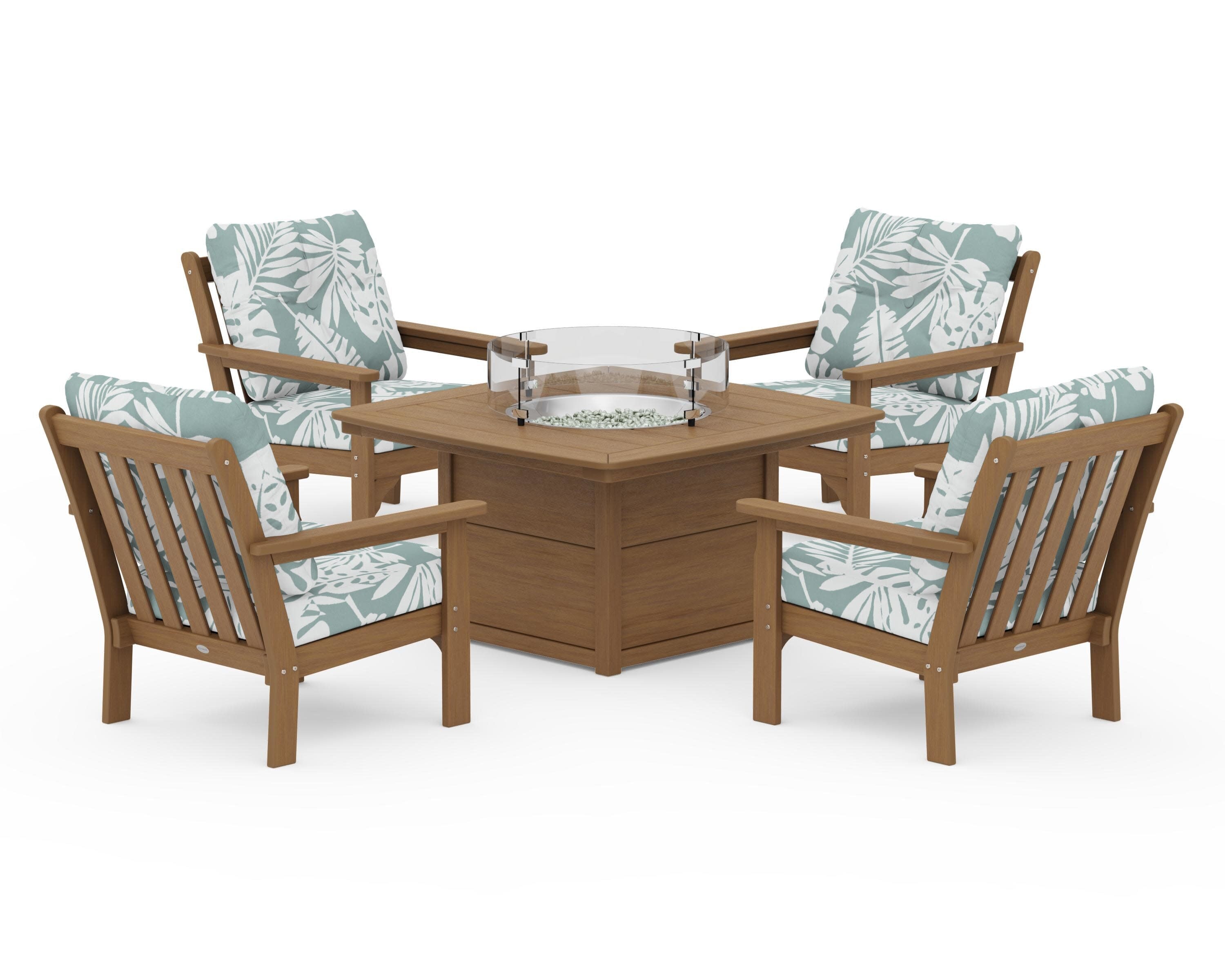 Vineyard 5-Piece Conversation Set with Fire Pit Table in Natural / Leaf Glacier Spa