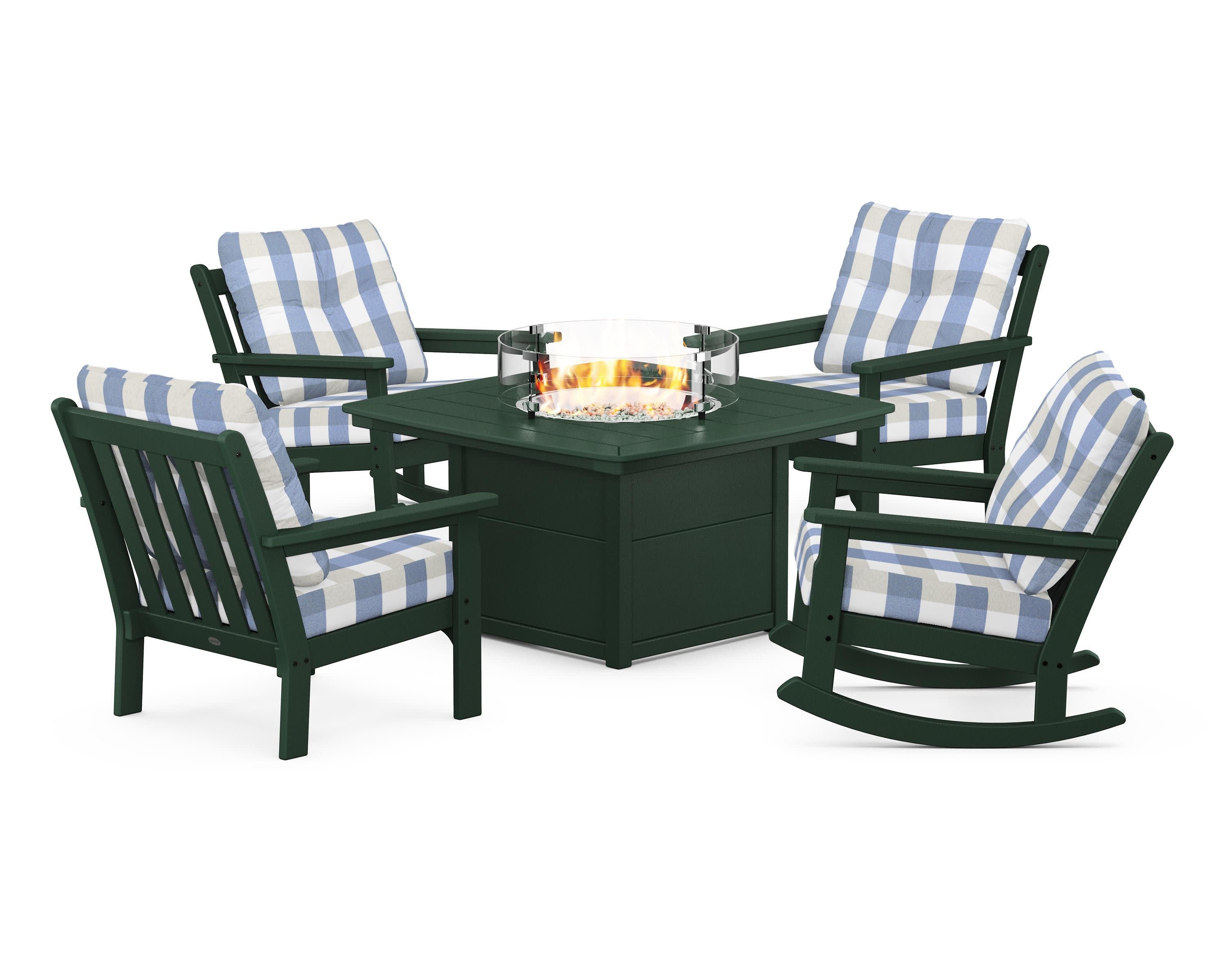 Vineyard 5-Piece Deep Seating Rocking Chair Conversation Set with Fire Pit Table in Green / Buffalo Plaid Sky Blue