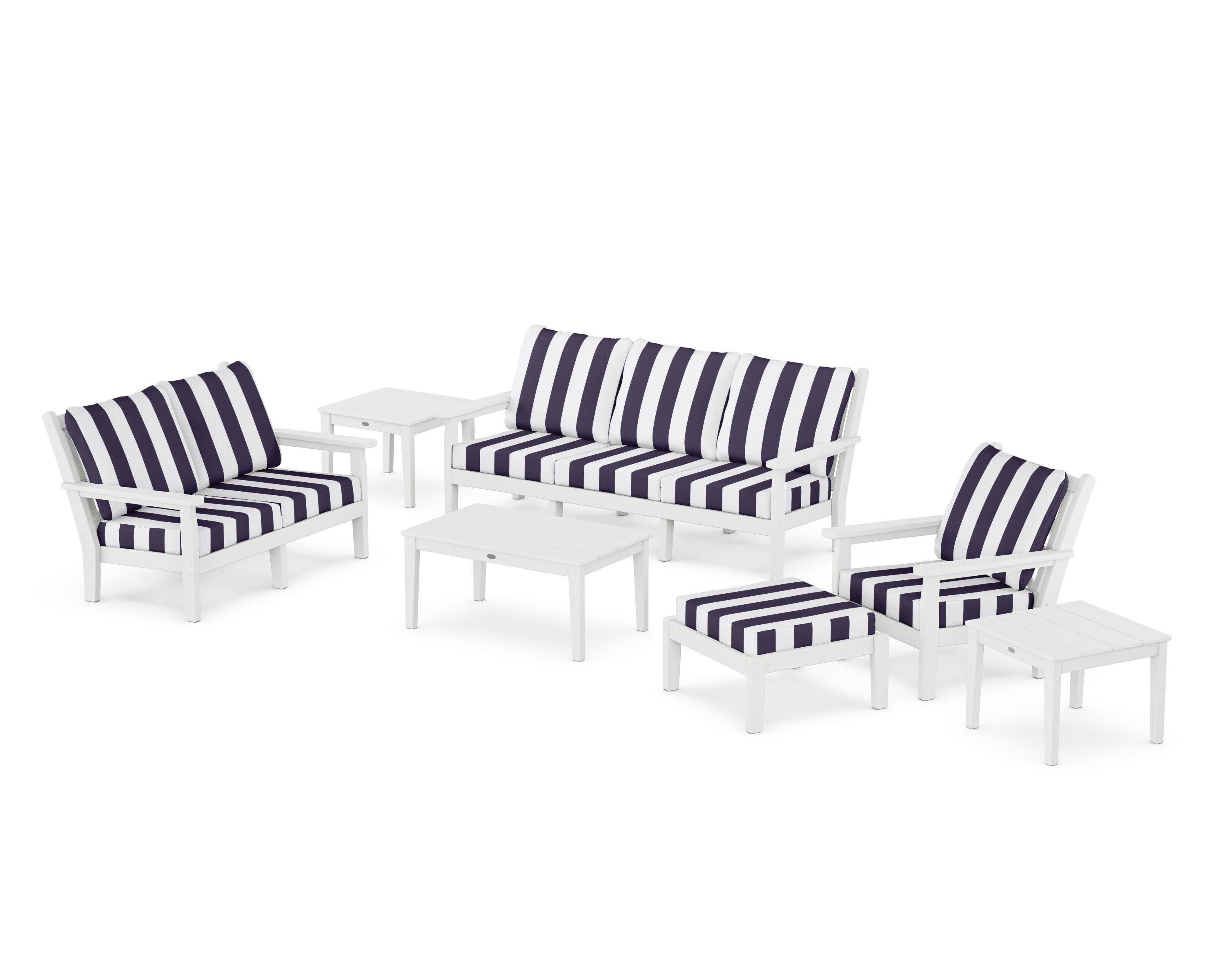 Chippendale 7-Piece Deep Seating Set in White / Cabana Stripe Navy