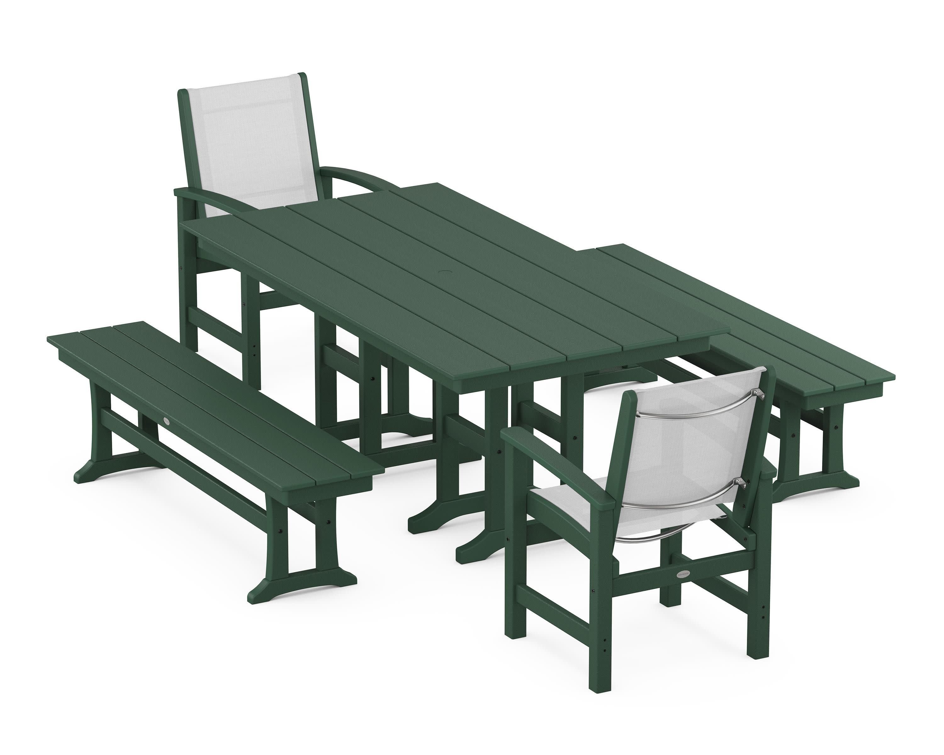 Coastal 5-Piece Farmhouse Dining Set in Green / White Sling