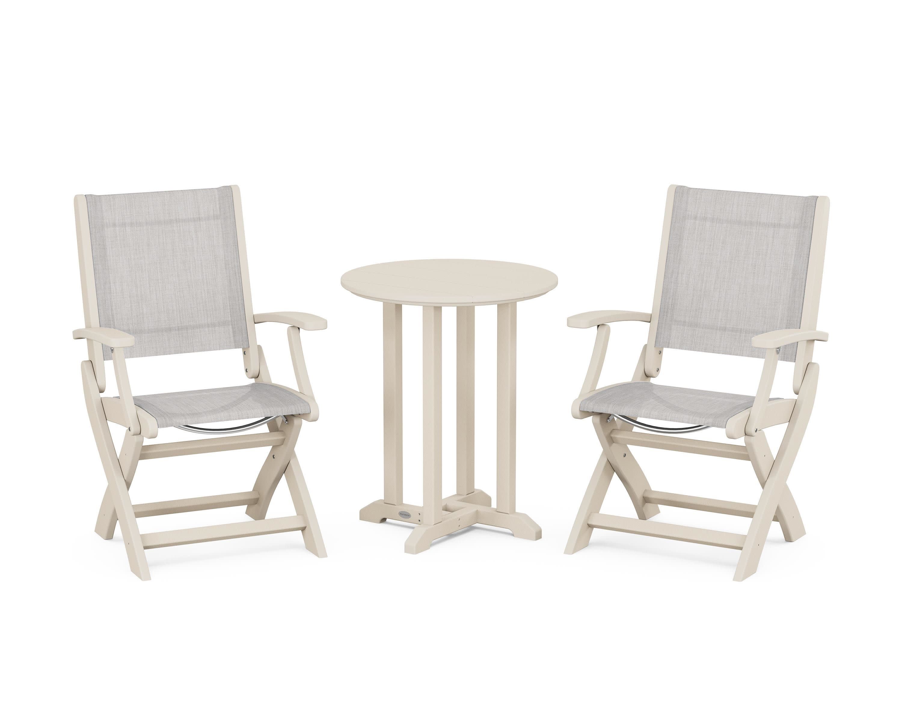 Coastal Folding 3-Piece Round Bistro Dining Set in Sand / Parchment Sling