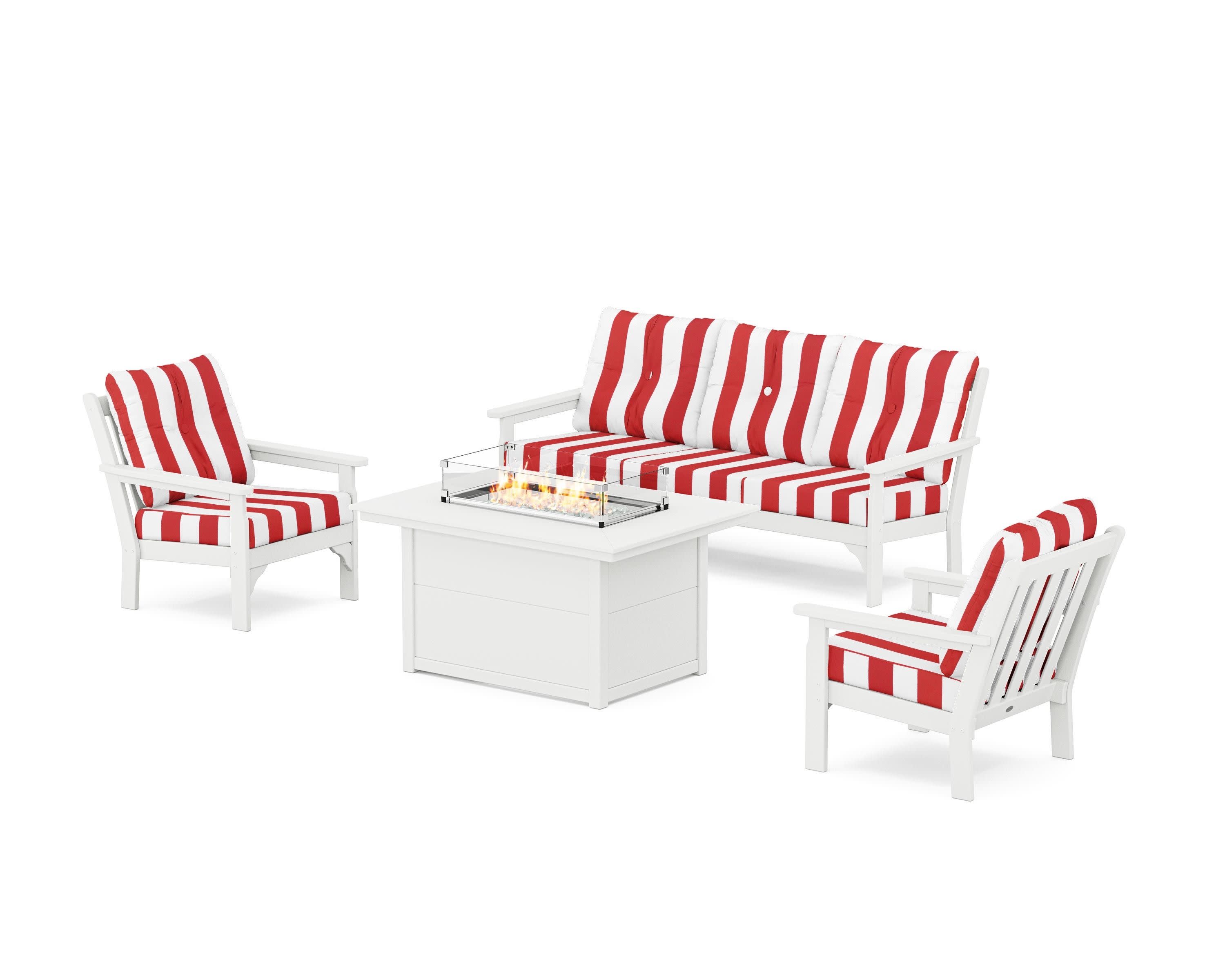 Vineyard Deep Seating Fire Pit Table Set in White / Cabana Stripe Crimson
